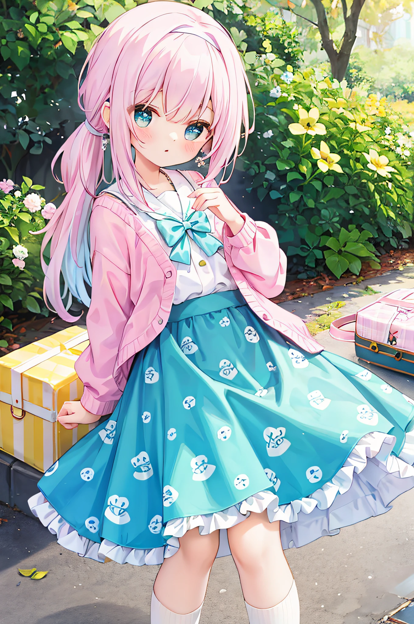 masterpiece, best quality, "Picnic Angel meets Candy Girl" Add candy colors to your refreshing picnic style to make it even more cute. The top is a white frilled blouse with a light blue cardigan. For the skirt, pair it with a pink tulle skirt with polka dots for a cute look. For your feet, pair white loafers with polka-dot socks for a vintage look. For accessories, a hair band and earrings with candy motifs add sweetness. Wear a ponytail and add fluffy curls to accentuate your cuteness., with blush cheeks, official art, {{ultra-detailed}}, {{high resolution}}, dynamic fuzziness, colorful, cowboy shot, underwear,