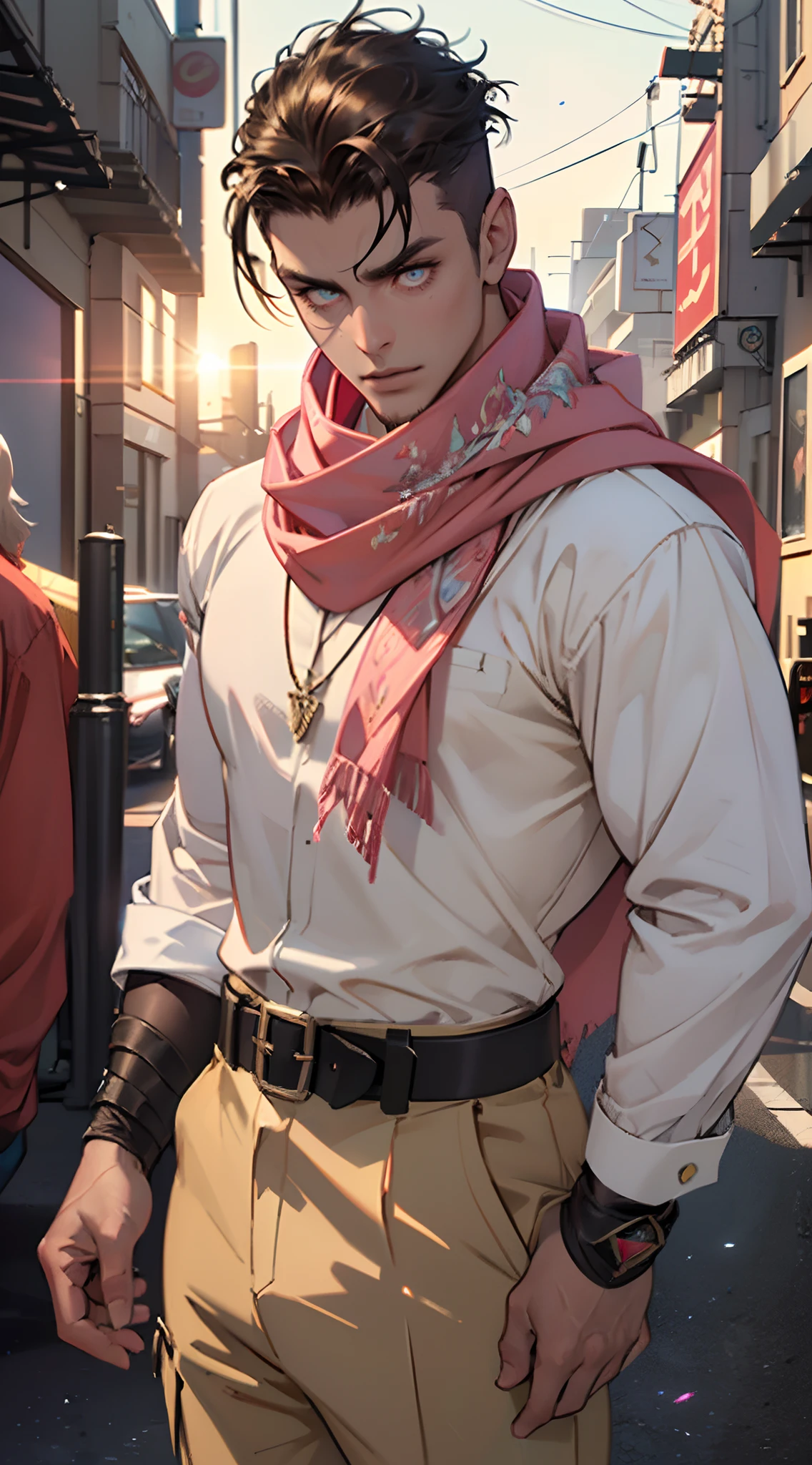 (Masterpiece:1.2), best quality, (illustration:1.2), (ultra-detailed),Eye focus,(Masterfully crafted Glow, pink lens flare), (Cinematic background), hyper details, (delicate detailed), (intricate details), octane render, hdr, (hyperdetailed:1.15), (soft light:1.2), 1Character , ultra detailed eyes, mature, rainbow painting drops, outdoors,(glowing eyes),(Cinematic masterpiece),(dynamic:1.2), fierce, powerful, splashes of colour absolutely eye-catching, (Cinematic headlight),((caustic)), dynamic angle, beautiful detailed glow, ambient occlusion, ambient light, raytraced reflections,(best illumination, an extremely delicate and beautiful), ((cinematic light)) (radiant aura), perfectly drawn hands, 4 fingers, 1 thumb, realistic hand shape,((red outfit)), golden detail, ((white neck scarf )), lots of belts , Handsome man , ((dark skin)) ,((muscular:1)), ((hair shaved on the sides:1)) , ((Red Diamond on forehead:1)) , Golden eyes , brown hair , ((muscular arms))