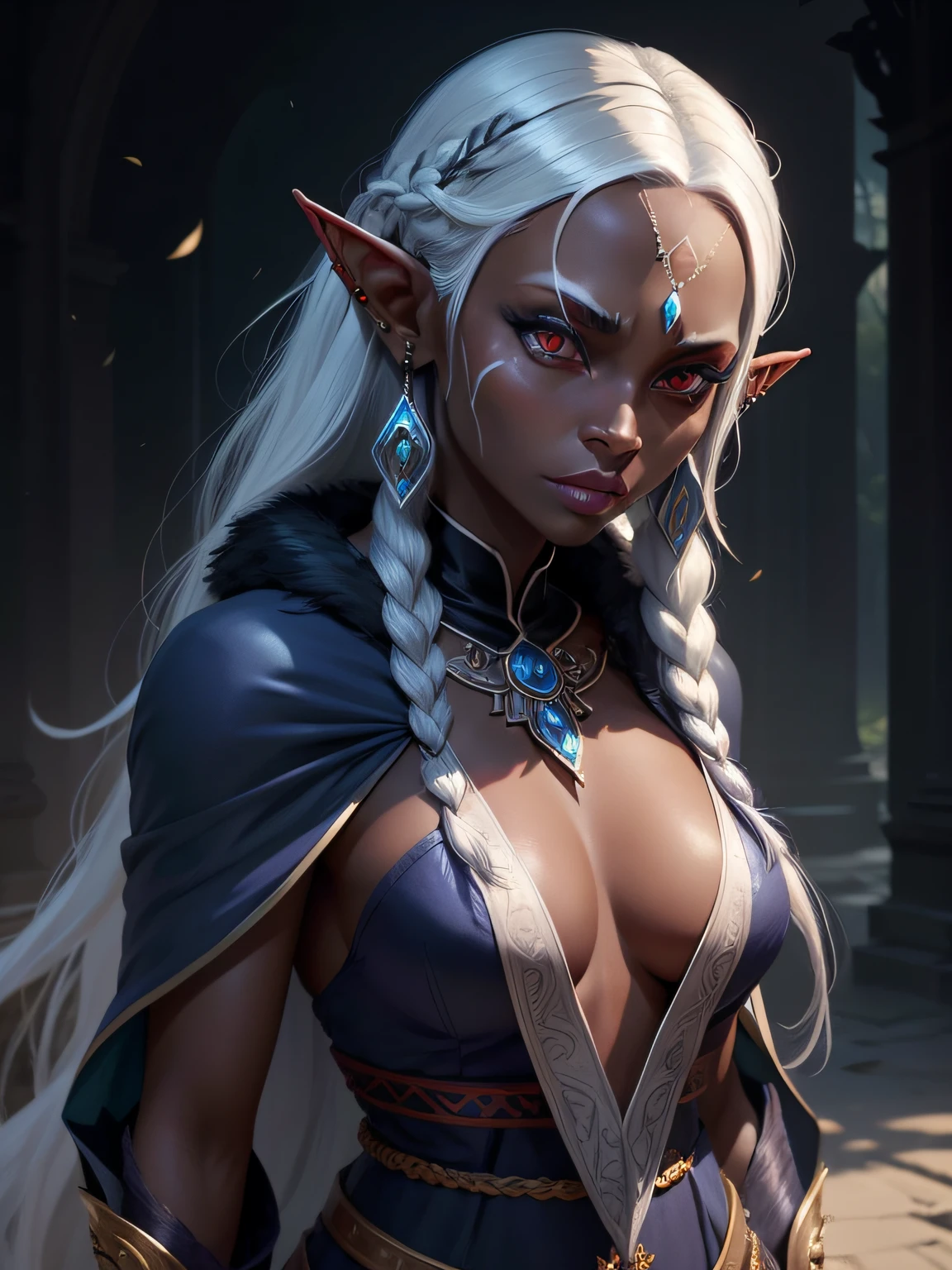 drow, female, pointy ears, solo, long hair, jewelry, earrings, feathers, braid, red eyes, colored skin, looking at viewer, upper body, white hair, facial mark, breasts, elf, ear piercing, fur trim, single braid, blue skin, dark skin, dark background , ((masterpiece, best quality)), art by greg rutkowski