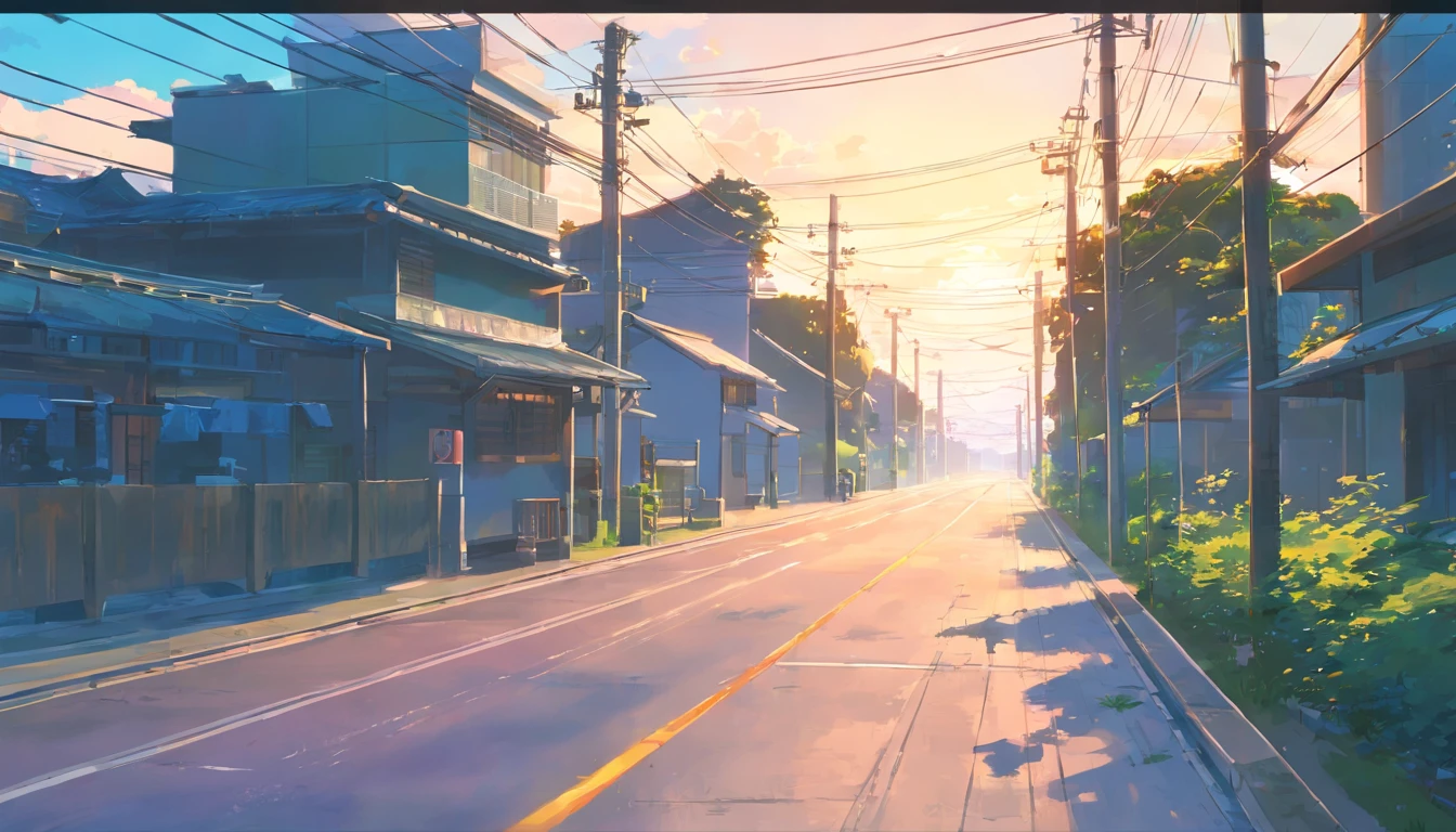 There is a painting of a road with wires and poles, anime countryside landscape, Anime background art, Anime landscape, Highly detailed illustration.”, anime style cityscape, Makoto Shinkai's style, anime backgrounds, Anime landscapes, in the style of makoto shinkai, drawn in anime painter studio, beautiful anime scenery, Anime landscape concept art, low details. Digital painting
