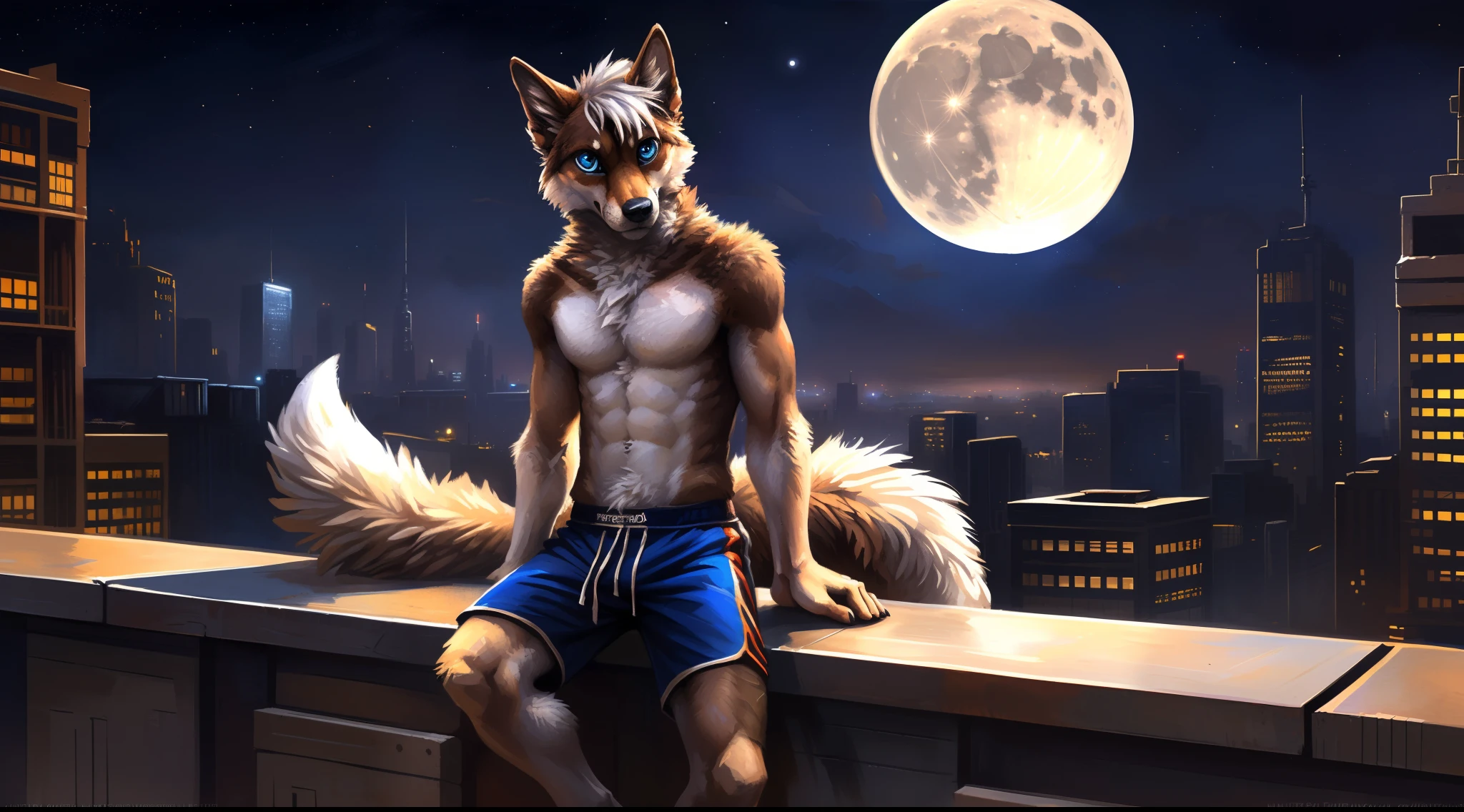 ((Solo)), male people, anthro wolf, (Multi-colored fur, White-brown:1.3), ((Dog face, White hair, Big eyes, White eyelids, Blue pupil, Slim:1.2) (Tough, Calm expression:1.2)), ((sport:1.1)), Abs, Slim, pinging)), (Correct anatomy), (Work shorts:1.1), (Contour bone:1.2), The upper body is naked, (detailed outfits),A big tail,Feet,Longer legs,(Realistic fur, Detailed fur texture, labeled:1.3)), (Natural lighting), Photorealistic, Hyperrealistic, ultradetailed, by Kenket,In the modern city,Roof,the night,Sit alone,Look at the full moon,It was dark,Starry