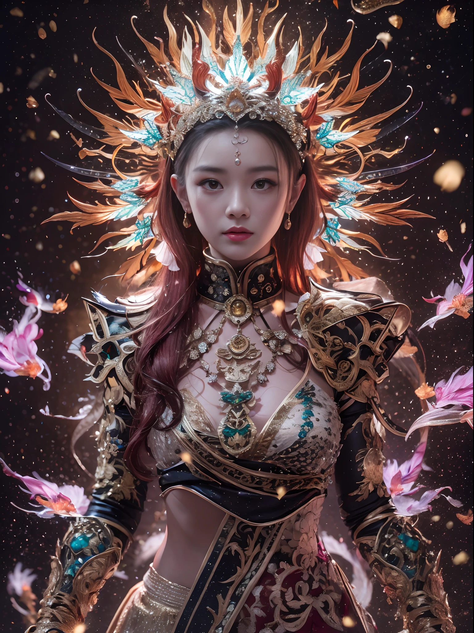 32K gradient glass texture(tmasterpiece,k hd,hyper HD,32K)Short burgundy hair,Short flowing hair,Onsen District,Flame Girl ,Yao Lang protector (realisticlying:1.4),Python pattern robe,Black gold master Kawashima work headdress,Snowflakes fluttering, high resolution, detailed, RAW photograph, Nikon D850 Film Stock Photo by Jefferies Lee 4 Kodak Portra 400 Camera F1.6 shots, Rich colors, ultra-realistic vivid textures, Dramatic lighting, Unreal Engine Art Station Trend, cinestir 800
