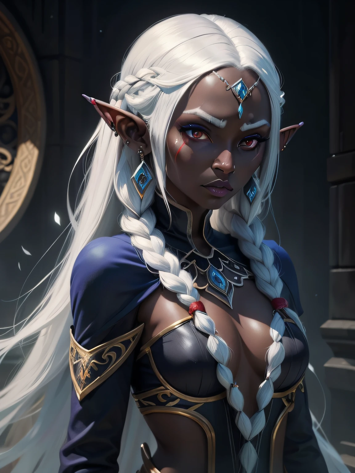 drow, female, pointy ears, solo, long hair, jewelry, earrings, feathers, braid, red eyes, colored skin, looking at viewer, upper body, white hair, facial mark, breasts, elf, ear piercing, fur trim, single braid, blue skin, dark skin, dark background , ((masterpiece, best quality)), art by greg rutkowski