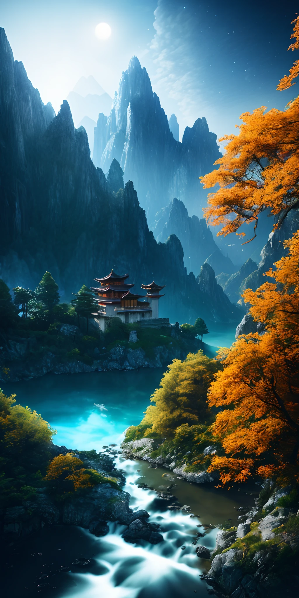 masterpiece, best quality, high quality, extremely detailed CG unity 8k wallpaper, outdoors, sky, cloud, night, no humans, mountain, A Chinese-style palace sits on the hillside, moonlight, cinemagraph, landscape, water, tree, dark sky, waterfall, cliff, nature, lake, river, cloudy sky,award winning photography, Bokeh, Depth of Field, HDR, bloom, Chromatic Aberration ,Photorealistic,extremely detailed, trending on artstation, trending on CGsociety, Intricate, High Detail, dramatic, art by midjourney
