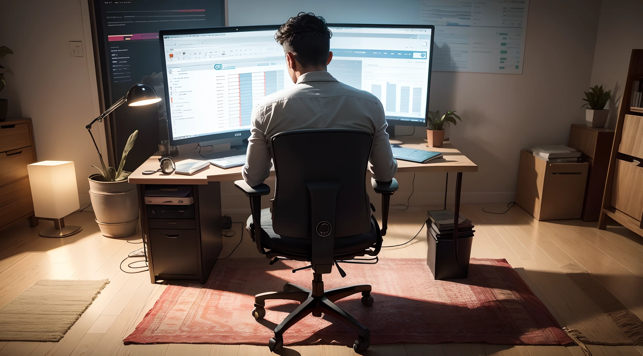 Gere uma alta qualidade, Realistic 4K image with RTX level graphics. A imagem deve retratar um jovem de pijama, viewed from behind, Operando um computador. Na tela do computador, display a detailed chart of the Forex market with a white background and black candlesticks. The room should have very dim lighting, assemelhando-se a um ambiente noturno escuro e silencioso. Adicionalmente, include a bear rug on the bedroom floor. Place a bar chart on your computer screen