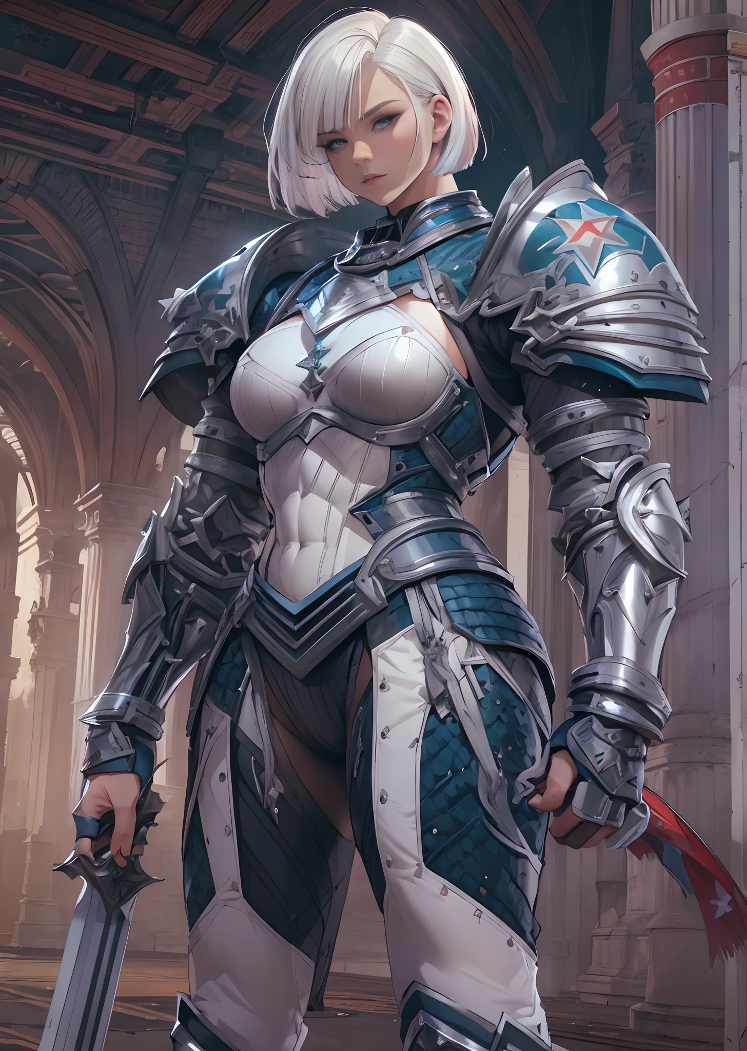 upper body,smile,def_effie, pink breastplate,looking at viewer,glove, shiny,armor, thighhighs, boots,shoulder armor, faulds, poleyn,gauntlets, Rerebrace armored boots,pauldrons,castle gate,(masterpiece, best quality, ultra-detailed, best shadow),muscular girl,bulky