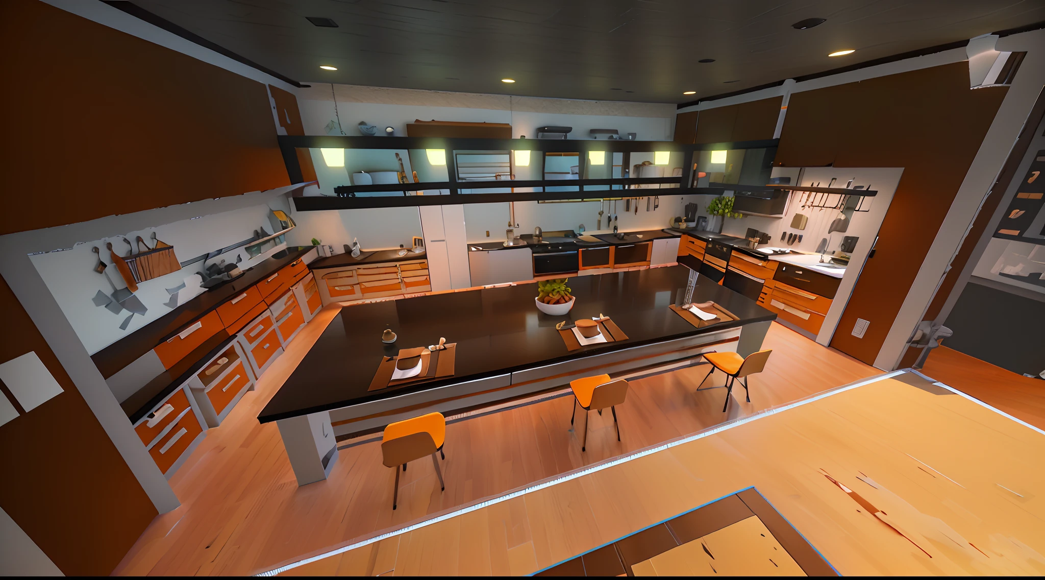 there is a 3d image of a kitchen with a table and chairs, chef table, overheard camera view of kitchen, rendered in the unreal engine, rendered in unrealengine, vrchat, rendered in unreal engine, life simulator game screenshot, interior gameplay screenshot, rendered in unreal engine 3d, kitchen, chefs table, rendered in unreal 5, rendered with unreal engine