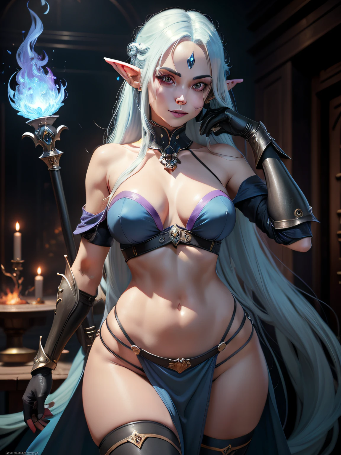 drow, female, breasts, solo, pointy ears, navel, long hair, blue hair, thighhighs, blue fire, looking at viewer, gloves, fire, large breasts, pelvic curtain, shoulder armor, armor, purple eyes, blue skin, cowboy shot, colored skin, smile, midriff, elbow gloves, cleavage, elf, holding, magic, piercing, skull, black gloves, standing, jewelry, pauldrons, facial mark, hand up, pink eyes, makeup, blurry background, forehead mark, black thighhighs, single thighhigh, artist name, glowing, stomach, blurry, contrapposto, ((masterpiece, best quality)), art by greg rutkowski, trending on artstation