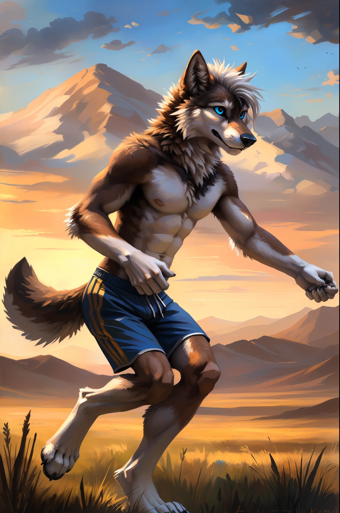 ((Solo)), male people, anthro wolf, (Multi-colored fur, White-brown:1.3), ((Wolf face, White hair, Big eyes, White eyelids, Blue pupil, Slim:1.2) (Tough, Calm expression:1.2)), Abs, Slim, pinging)), (Correct anatomy), (Work shorts:1.1), (Contour bone:1.2), The upper body is naked, (detailed outfits),A big tail,Feet,(Realistic fur, Detailed fur texture, labeled:1.3)), (Natural lighting), Photorealistic, Hyperrealistic, ultradetailed, by Kenket,Endless grasslands,No buildings,Running on