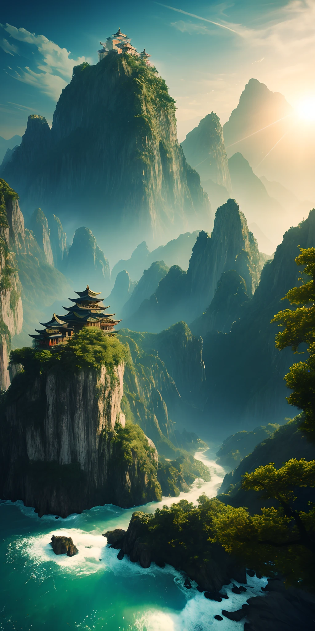 masterpiece, best quality, high quality, extremely detailed CG unity 8k wallpaper, outdoors, sky, cloud, night, no humans, mountain, A Chinese-style palace sits on the hillside, moonlight, cinemagraph, landscape, water, tree, dark sky, waterfall, cliff, nature, lake, river, cloudy sky,award winning photography, Bokeh, Depth of Field, HDR, bloom, Chromatic Aberration ,Photorealistic,extremely detailed, trending on artstation, trending on CGsociety, Intricate, High Detail, dramatic, art by midjourney