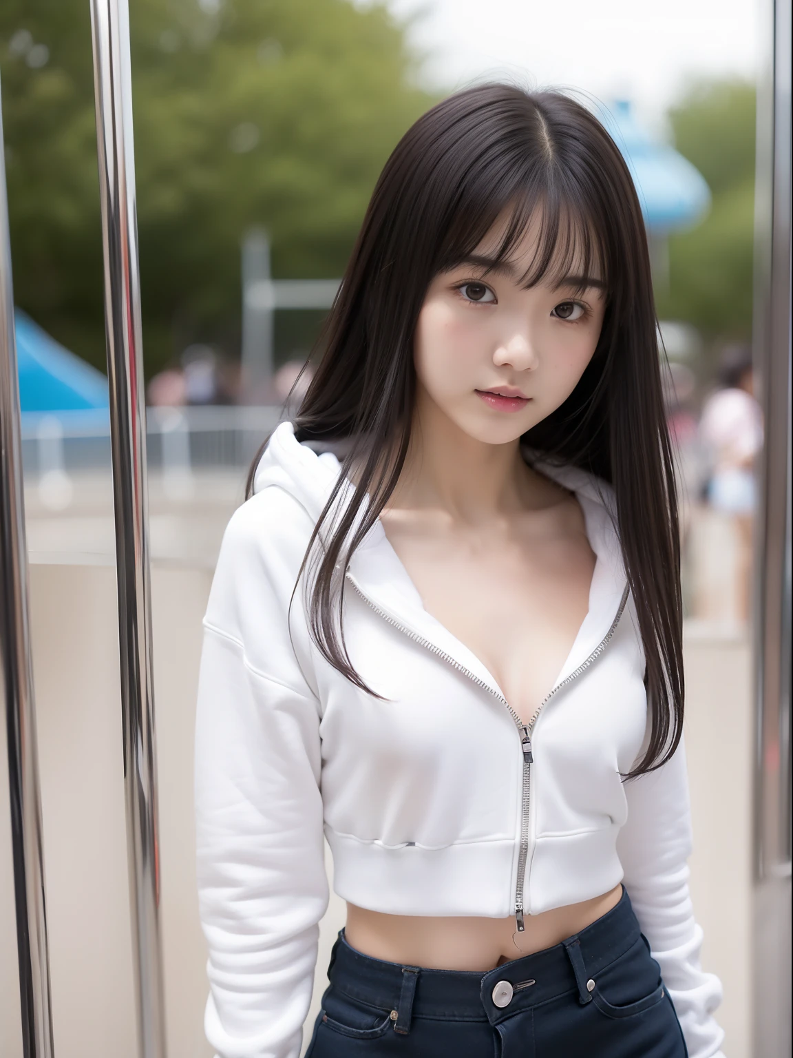 年轻，(a miniskirt)，Mokomoko's hoodie，teens girl，Delicate body，petite body，Delicate body，small tits，tiny chest，Short，A dark-haired，Very Longhair，a shower，An amusement park