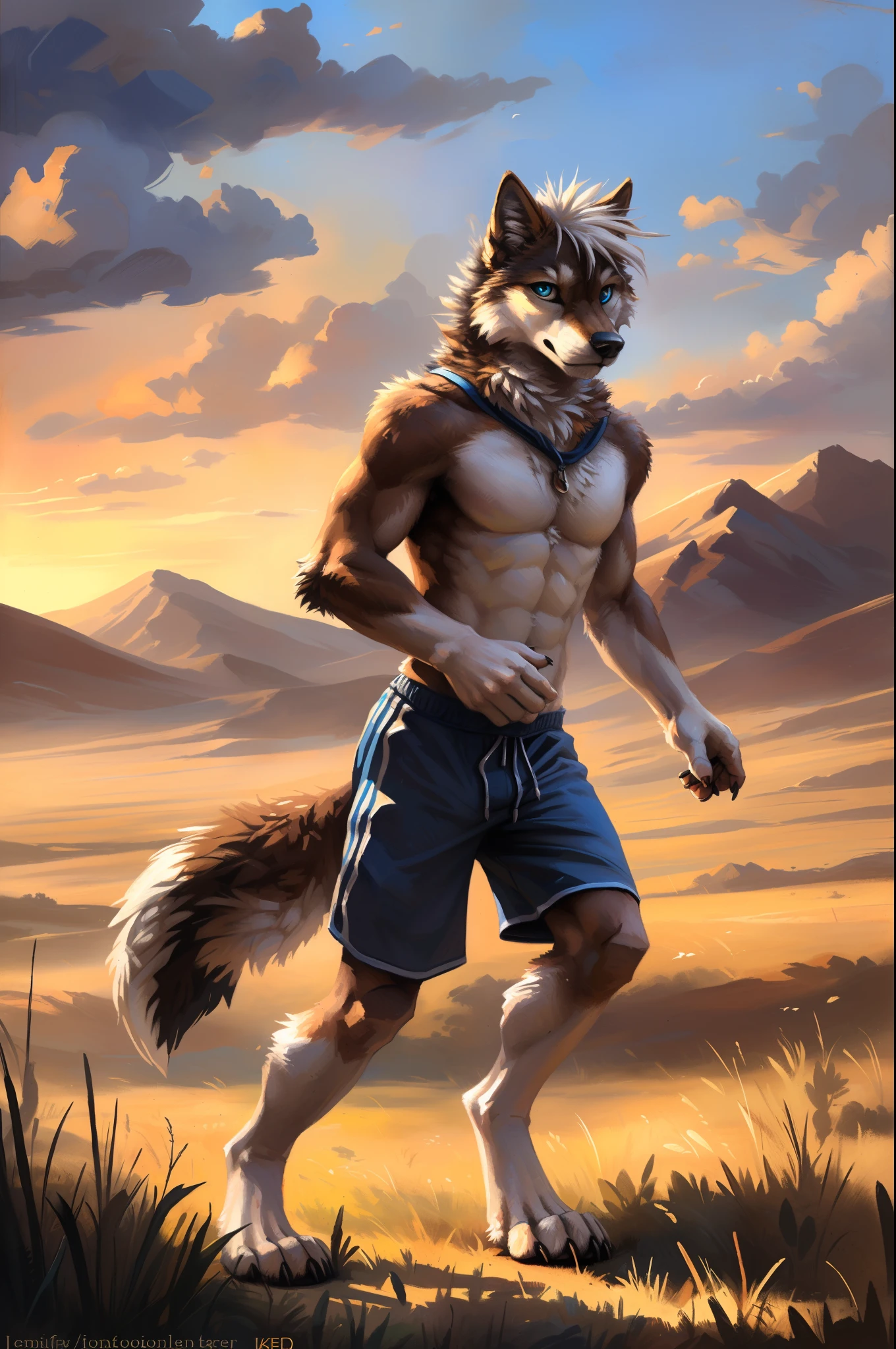 ((Solo)), male people, anthro wolf, (Multi-colored fur, White-brown:1.3), ((Wolf face, White hair, Big eyes, White eyelids, Blue pupil, Slim:1.2) (Tough, Calm expression:1.2)), Abs, Slim, pinging)), (Correct anatomy), (Work shorts:1.1), (Contour bone:1.2), The upper body is naked, (detailed outfits),A big tail，Feet，(Realistic fur, Detailed fur texture, labeled:1.3)), (Natural lighting), Photorealistic, Hyperrealistic, ultradetailed, by Kenket，Endless grasslands，No buildings，Running on