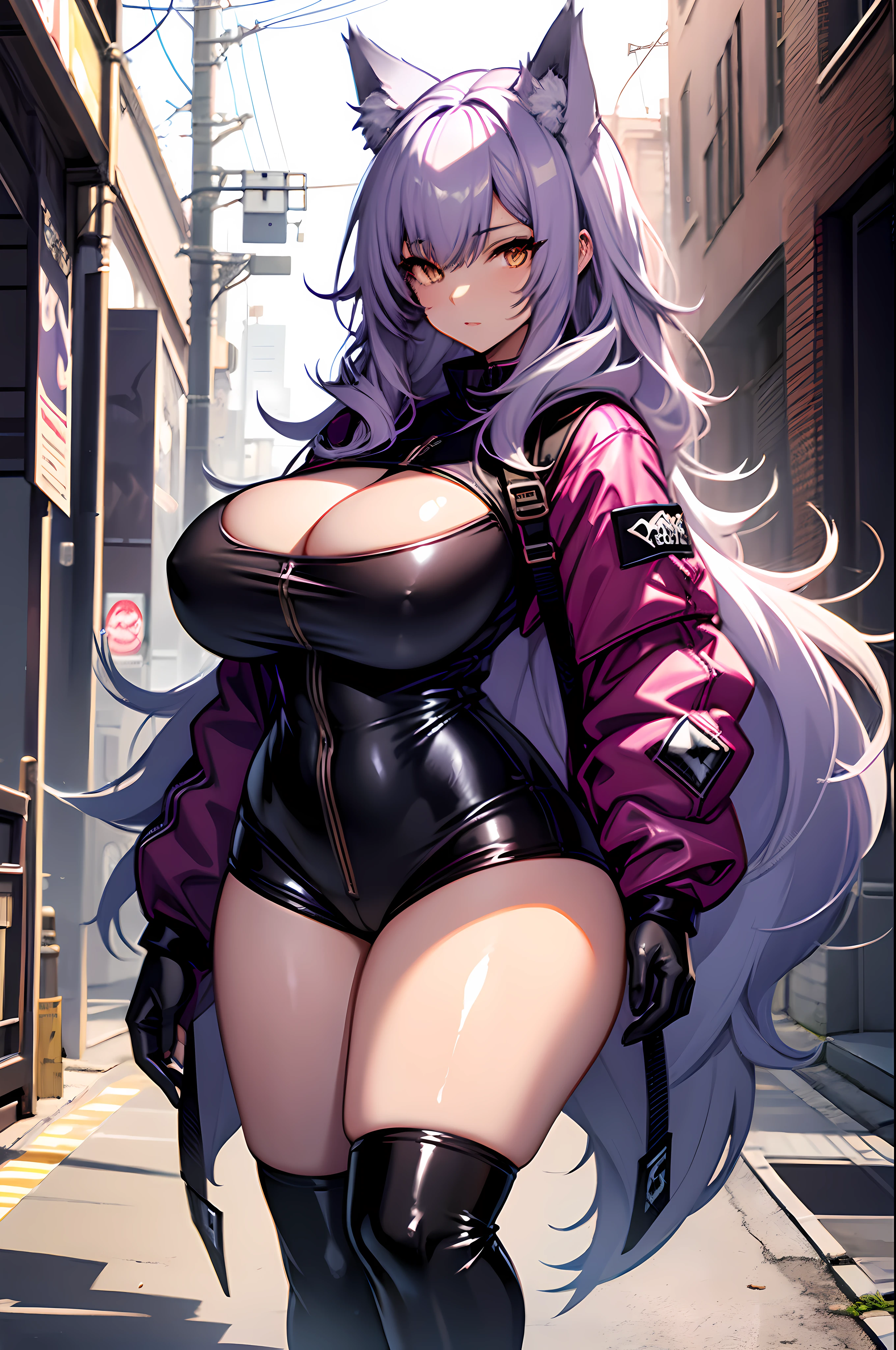 one woman, wolf girl, wolf ears, wolf tail, violet hair, strong, firm body, thick thighs, big breasts, muscular arms, casual clothes, sfw, sexy, full body, masterpiece, highly detailed, shiny clothes, latex, tall women, punk,