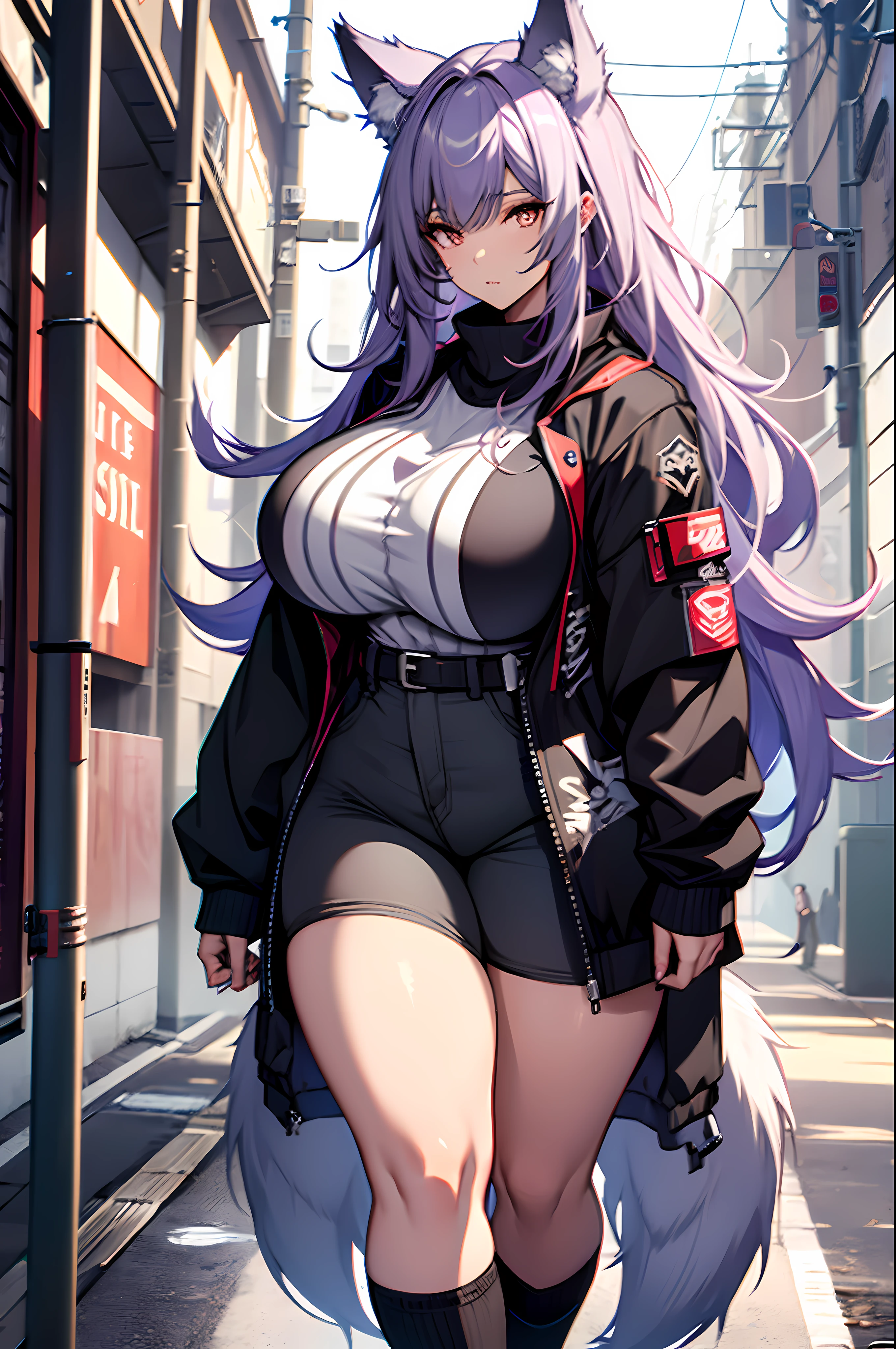 one woman, wolf girl, wolf ears, wolf tail, violet hair, strong, firm body, thick thighs, big breasts, muscular arms, casual clothes, sfw, sexy, full body, masterpiece, highly detailed, tall woman, shiny clothes,