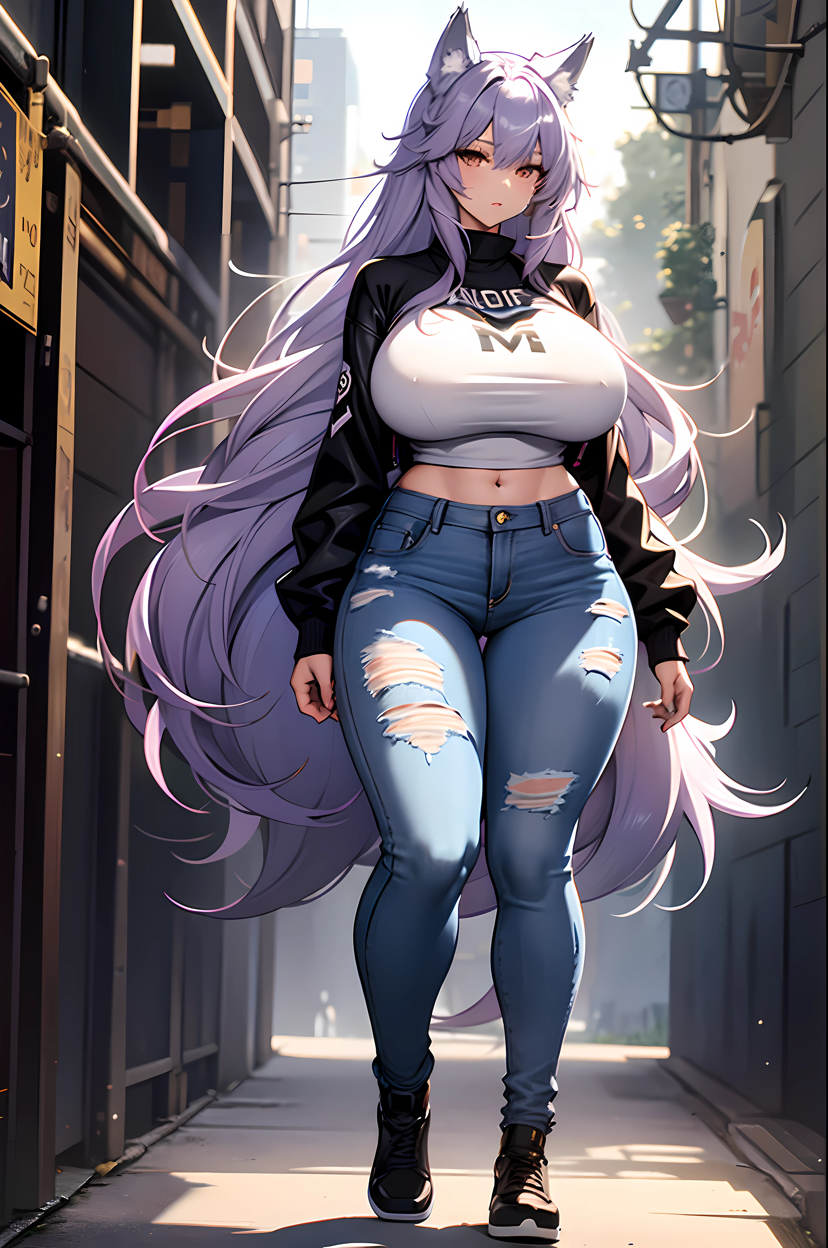 one woman, wolf girl, wolf ears, wolf tail, violet hair, strong, firm body, thick thighs, big breasts, muscular arms, casual clothes, sfw, sexy, full body, masterpiece, highly detailed, shiny clothes, latex, tall women, Jeans,