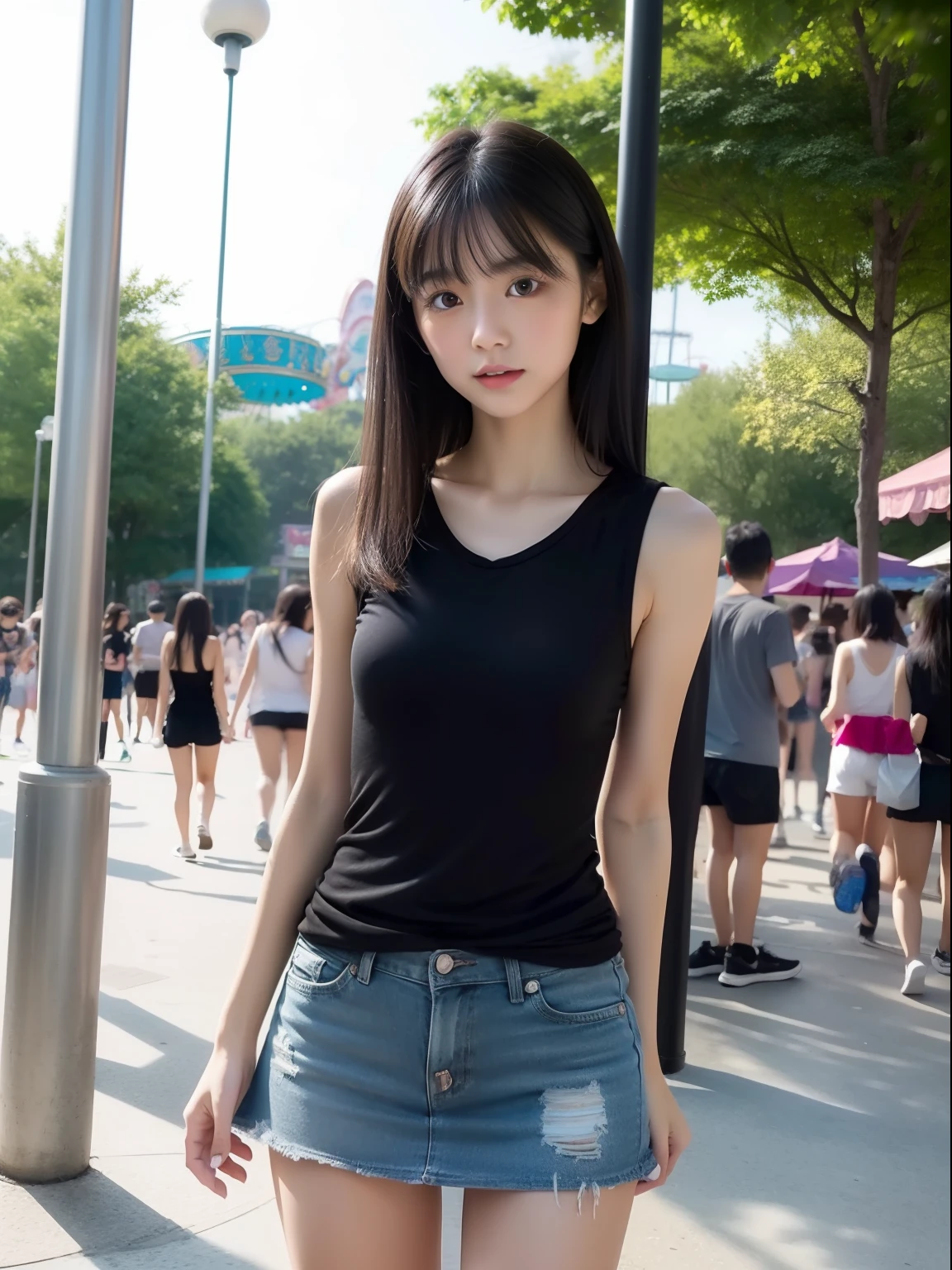 年轻,(a miniskirt),a black T-shirt,s girl,Delicate body,petite body,Delicate body,small tits,tiny chest,Short,A dark-haired,Very Longhair,An amusement park