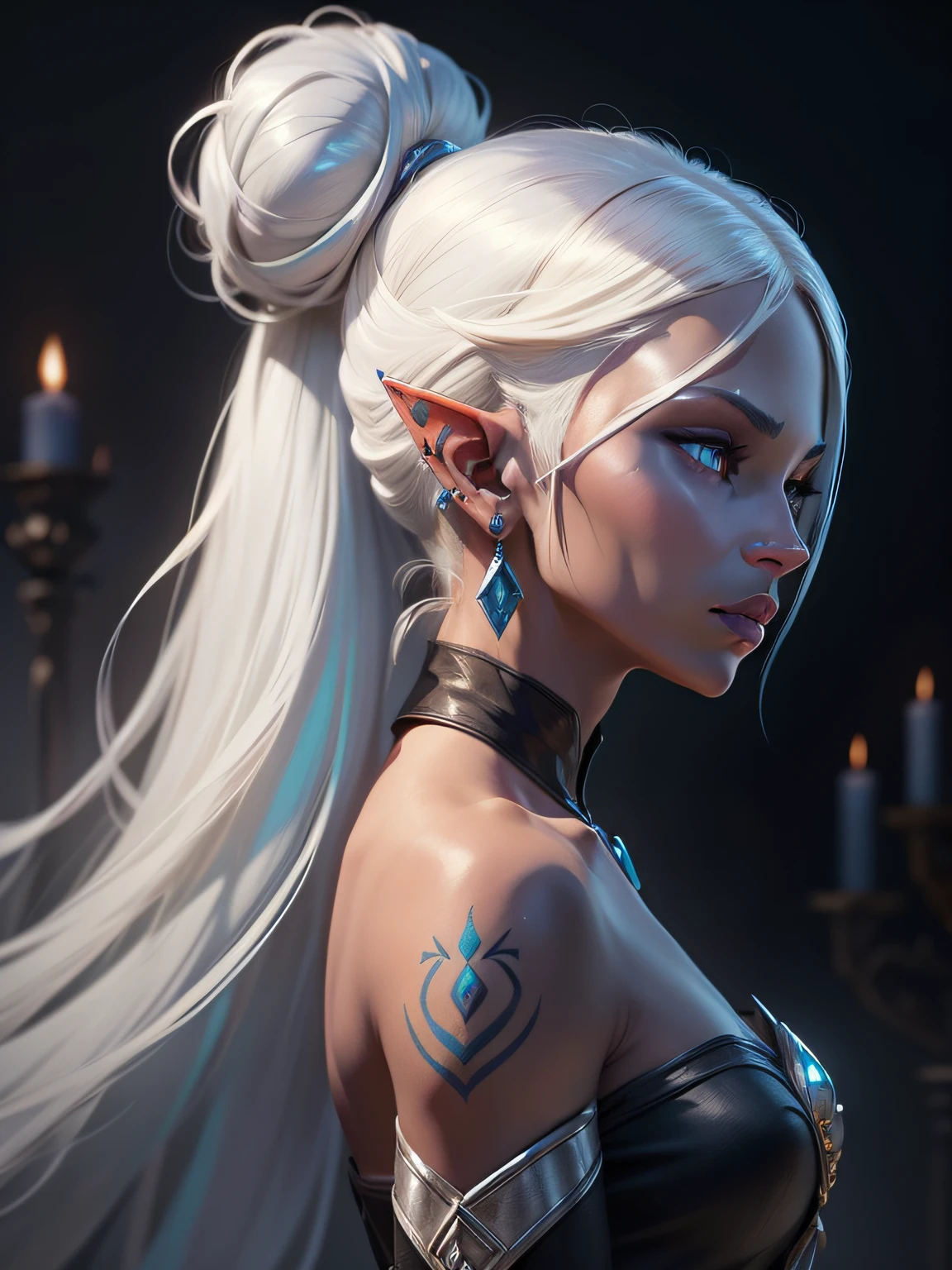 drow, female, pointy ears, solo, elf, long hair, colored skin, white hair, blue skin, jewelry, earrings, hair bun, single hair bun, bare shoulders, profile, upper body, from side, signature, piercing, artist name, ear piercing, nose, lips , ((masterpiece, best quality)), art by greg rutkowski