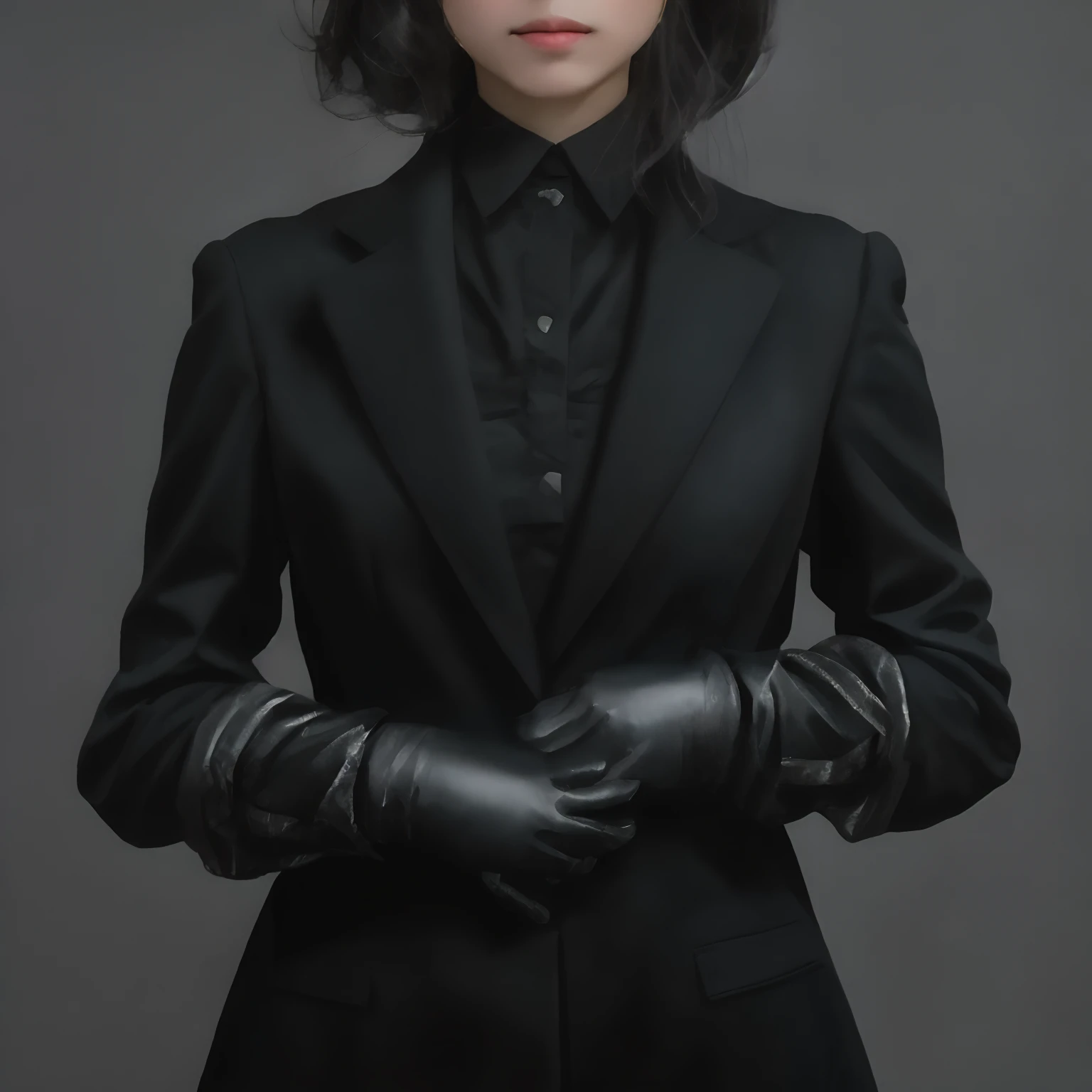 A young Japanese woman holding a black suit up to a shirt, a black leather glove worn in both hands, a woman's hand with a black suit and black leather gloves in front of her