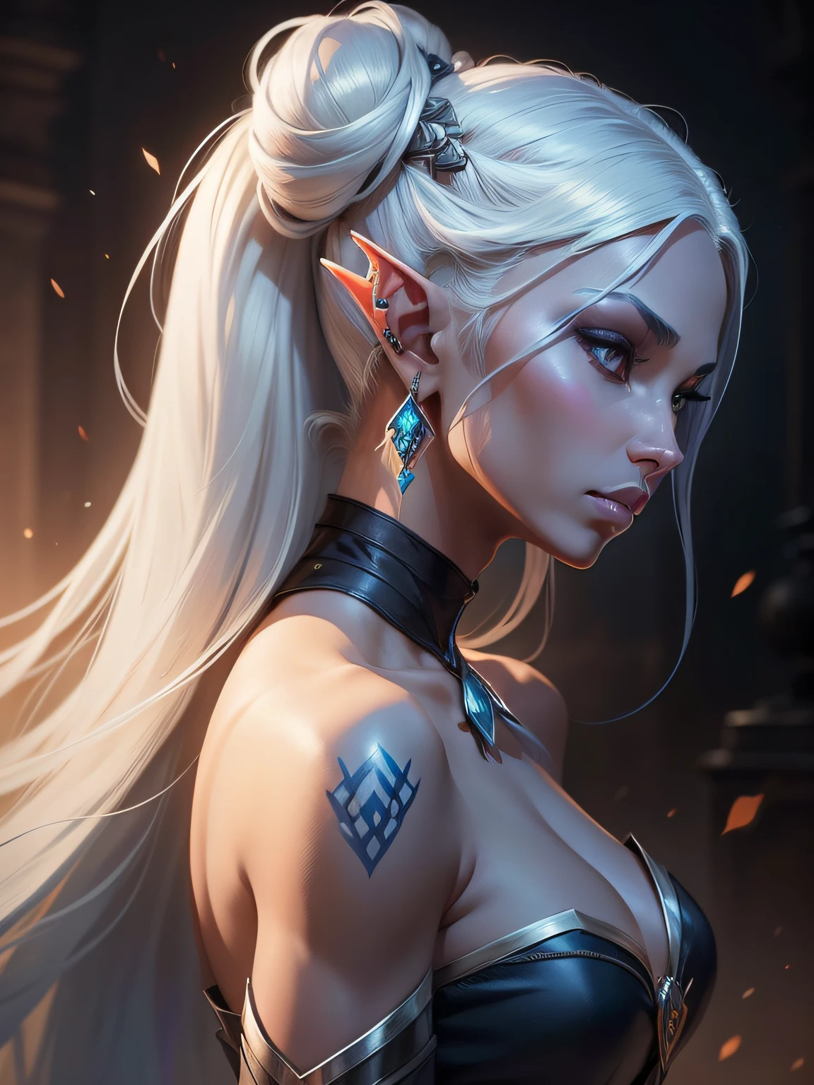 drow, female, pointy ears, solo, elf, long hair, colored skin, white hair, blue skin, jewelry, earrings, hair bun, single hair bun, bare shoulders, profile, upper body, from side, signature, piercing, artist name, ear piercing, nose, lips , ((masterpiece, best quality)), art by greg rutkowski