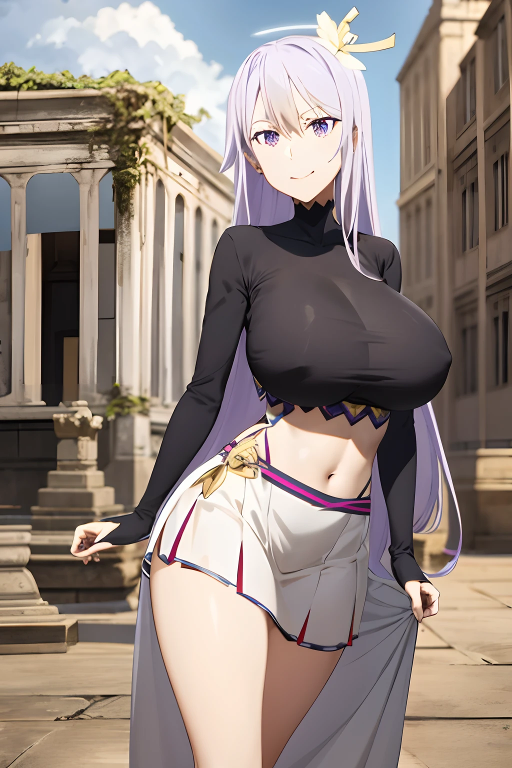 masterpiece, ((royal dressed)), ((wing)), halo, (best quality), (solo), 1girl, reona, silver hair, purple hair , (long skirt), long hair, purple eyes, sexy woman, hair between eyes, hair ornament, vibrant colors , natural lighting, RTX, (huge tits), (detailed face:1.2), (perfect eyes:1.1) ,(photorealistic:1.1), 8k uhd, looking a viewer, outdoors, simple backround, smile, (full body), standing pose, ((open legs), temple ruins,