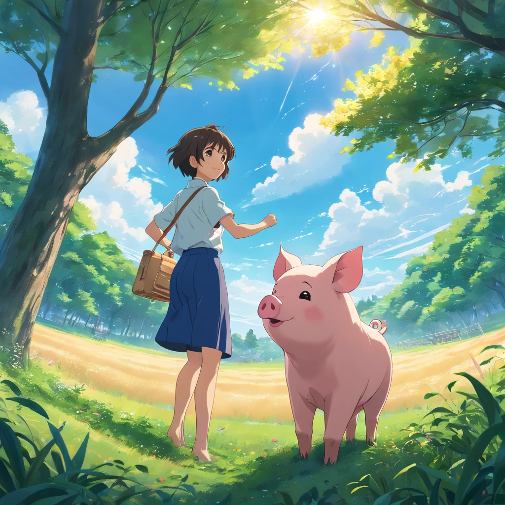 (best quality,4k,8k,highres,masterpiece:1.2),ultra-detailed,(realistic,photorealistic,photo-realistic:1.37),3 cartoon pigs,3D style,blender,adorable,sunny day,cute noses,lively expressions,vibrant colors,soft shadows,playful poses,curly tails,fur details,sunlit grass,blue sky,green trees,puffy white clouds,fun-loving personalities.