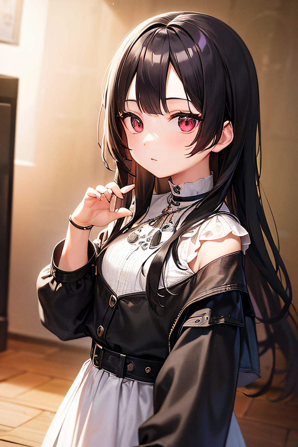 (masterpiece)、(best qualtiy)、(ultra-detailliert)、(illustratio)、((()))、(1 girl in)、((Fashionable clothes))、is standing、Fashion Model、see the beholder、(simple background)、(Fine and beautiful eyes、Red Eyes)、Delicate beautiful face、(High color saturation)、Focus on Face、Black hair、Shorthair、bangss、hair rings、The best lighting、Best Shadows、Gamine、No mouth