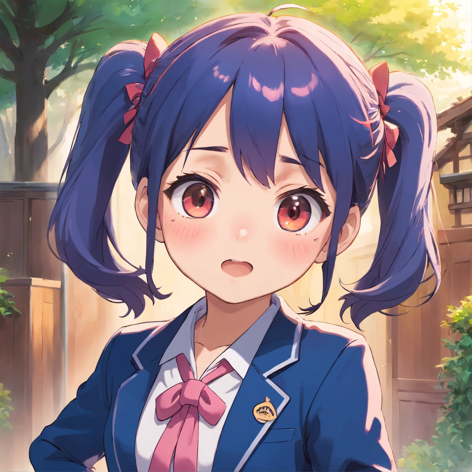 Very cute chibi anime girl, Mini Characters、Solo, Simple background, Beautiful twin tails 、 Pretty girl、Cute Chibi、 Dark blue blazer, Pink skirt、High School Uniform, Full body ,I'm insanely surprised、 I was very surprised.、Highly detailed face and eyes, The contours are clear、I put my hand on my cheek and was surprised.（Oh My Gar）