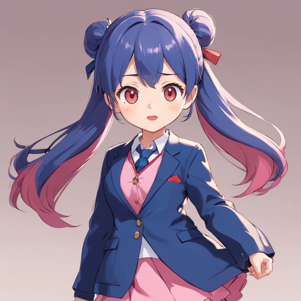 Very cute chibi anime girl, Mini Characters、Solo, Simple background, Beautiful twin tails 、 Pretty girl、Cute Chibi、 Dark blue blazer, Pink skirt、High School Uniform, Full body ,I'm insanely surprised、 I was very surprised.、Highly detailed face and eyes, The contours are clear、I put my hand on my cheek and was surprised.(Oh My Gar)