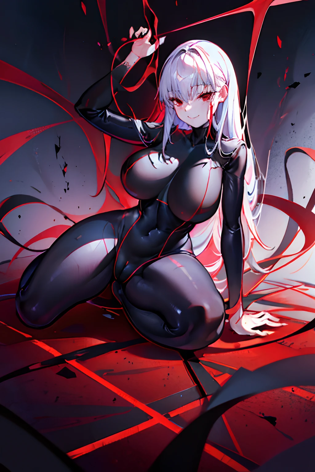 Black full body suit　Red lines all over the body　huge tit　Big ass　Whip thighs　seductiv　a smile　succubus　Bare legged　crawl