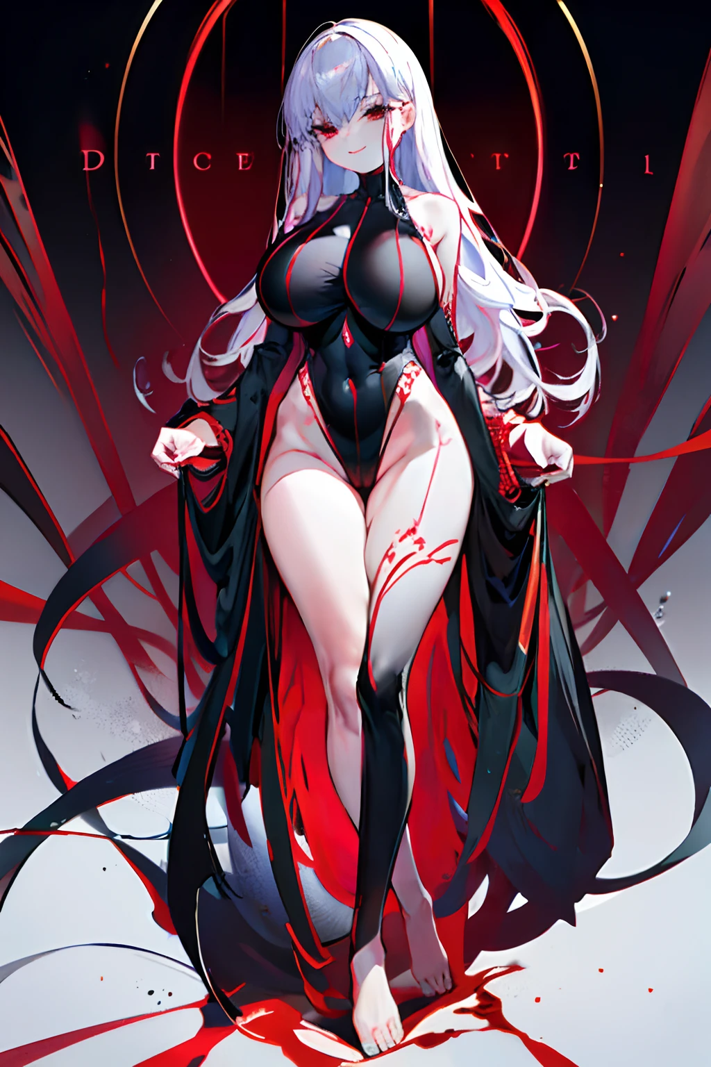 Black full body suit Red lines all over the body huge tit Big ass Whip thighs seductiv a smile succubus Bare legged cover