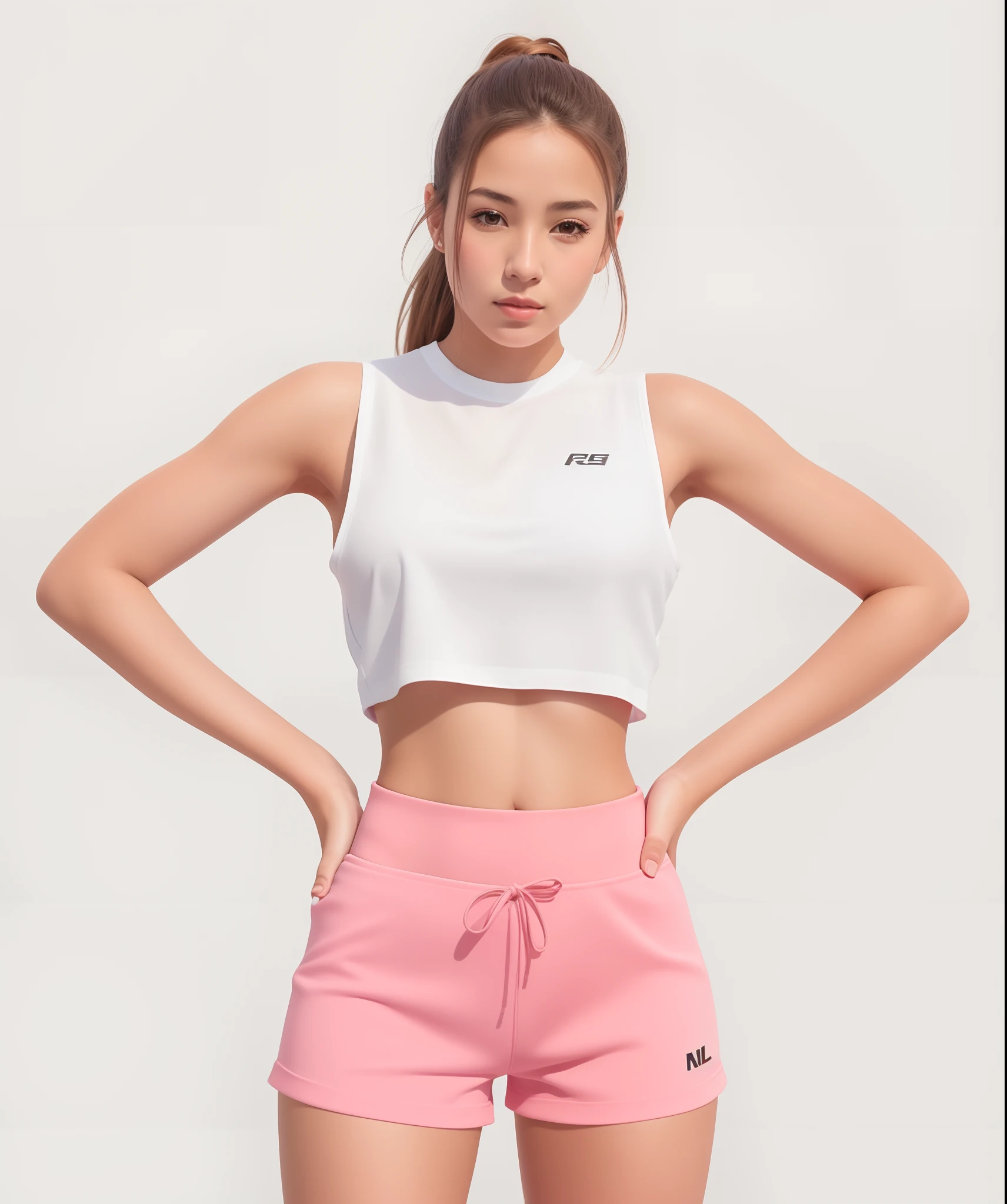 uma mulher de bermuda rosa e um top branco posando para uma foto, sport bra and shorts, two piece workout clothes, bra and shorts streetwear, roupas esportivas, croptop e shorts, roupas esportivas fofas, em forma, roupas esportivas, forma tonificada, mulher em forma, Encaixe figura delicada, physical : tinyest midriff ever, usando um top cropped, fotografia realista, fotografia, obra-prima, realista, Realismo, renderizado, Alto contraste, Arte Digital, fotográficorealista, trend in Artstation 8k HD, high definiton, circunstanciado, Realistic, detalhada, textura da pele, hiperdetalhada, Textura realista da pele, melhor qualidade, ultra high-resolution, (fotografia realista: 1.4), alta resolução, detalhada, fotografia crua, Crisp resolution, Nikon d850 filme, fotografia de stock 4, Kodak Portra 400 Camera F1 Lens.6, textura hiper realista, lighting dramatic, Unrealistic trend in Artstation Cinestill 800, RAW.