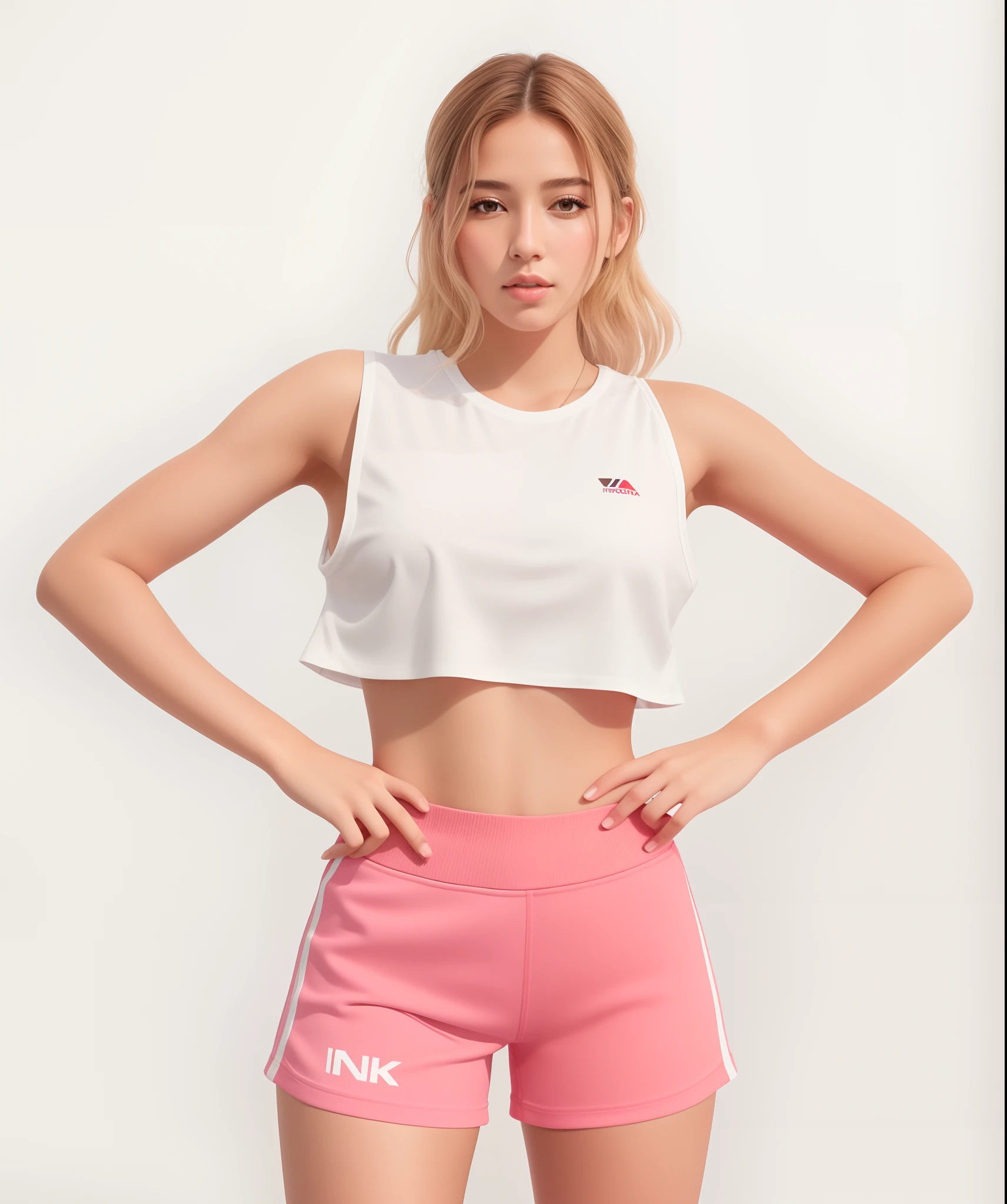 uma mulher de bermuda rosa e um top branco posando para uma foto, sport bra and shorts, two piece workout clothes, bra and shorts streetwear, roupas esportivas, croptop e shorts, roupas esportivas fofas, menina em forma, roupas esportivas, forma tonificada, mulher em forma, Encaixe figura delicada, physical : tinyest midriff ever, usando um top cropped, fotografia realista, fotografia, obra-prima, realista, Realismo, renderizado, Alto contraste, Arte Digital, fotográficorealista, trend in Artstation 8k HD, high definiton, circunstanciado, Realistic, detalhada, textura da pele, hiperdetalhada, Textura realista da pele, melhor qualidade, ultra high-resolution, (fotografia realista: 1.4), alta resolução, detalhada, fotografia crua, Crisp resolution, Nikon d850 filme, fotografia de stock 4, Kodak Portra 400 Camera F1 Lens.6, textura hiper realista, lighting dramatic, Unrealistic trend in Artstation Cinestill 800, RAW.