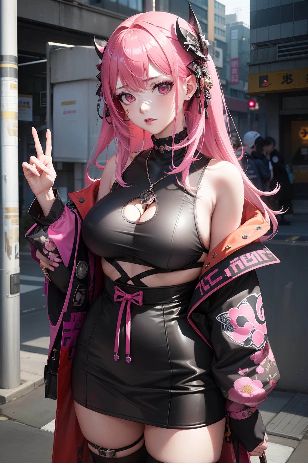 masuter piece:1.2、top-quality)、(Live action、Intricate details)、(1lady、独奏、The upper part of the body、Colossal tits) garments: Edgy、Black jumper、Pink mini skirt、Avant-garde、Experimental appearance: Long pink hair、Dramatic makeup、Unconventional fashion choices behavior: Rebel、Japanese dress、Kimono appearance、punk、Anti-system、Provocative Location: urban art district、Underground Music Scene Hobbies: Bad girl、Create mixed media art、Experiment with different subcultures values: individuality、authenticity、Creative Expression Inspiration: Runaway Ladies Leader、secretary-general、Counterculture icons、Nature: boldness、Unconventional。