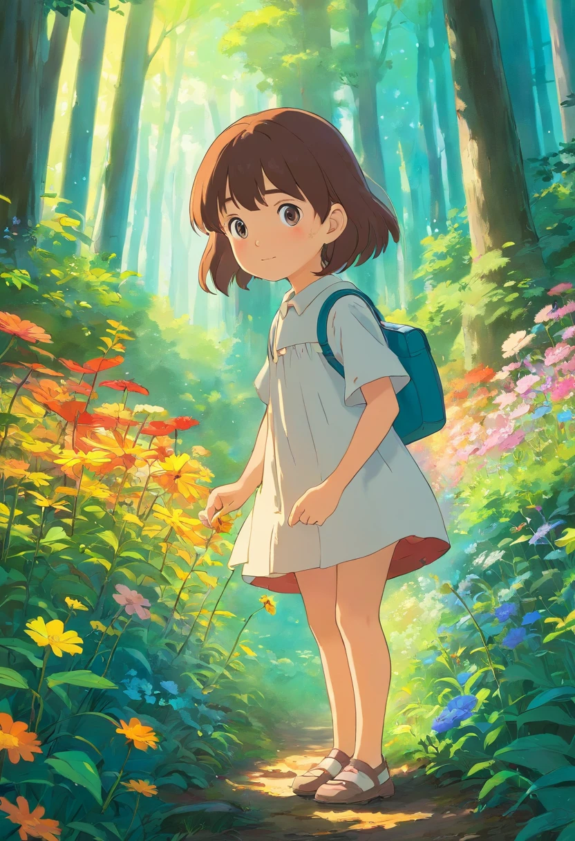 little girl, picking flowers, in the forest, ,vibrant colors,soft lighting