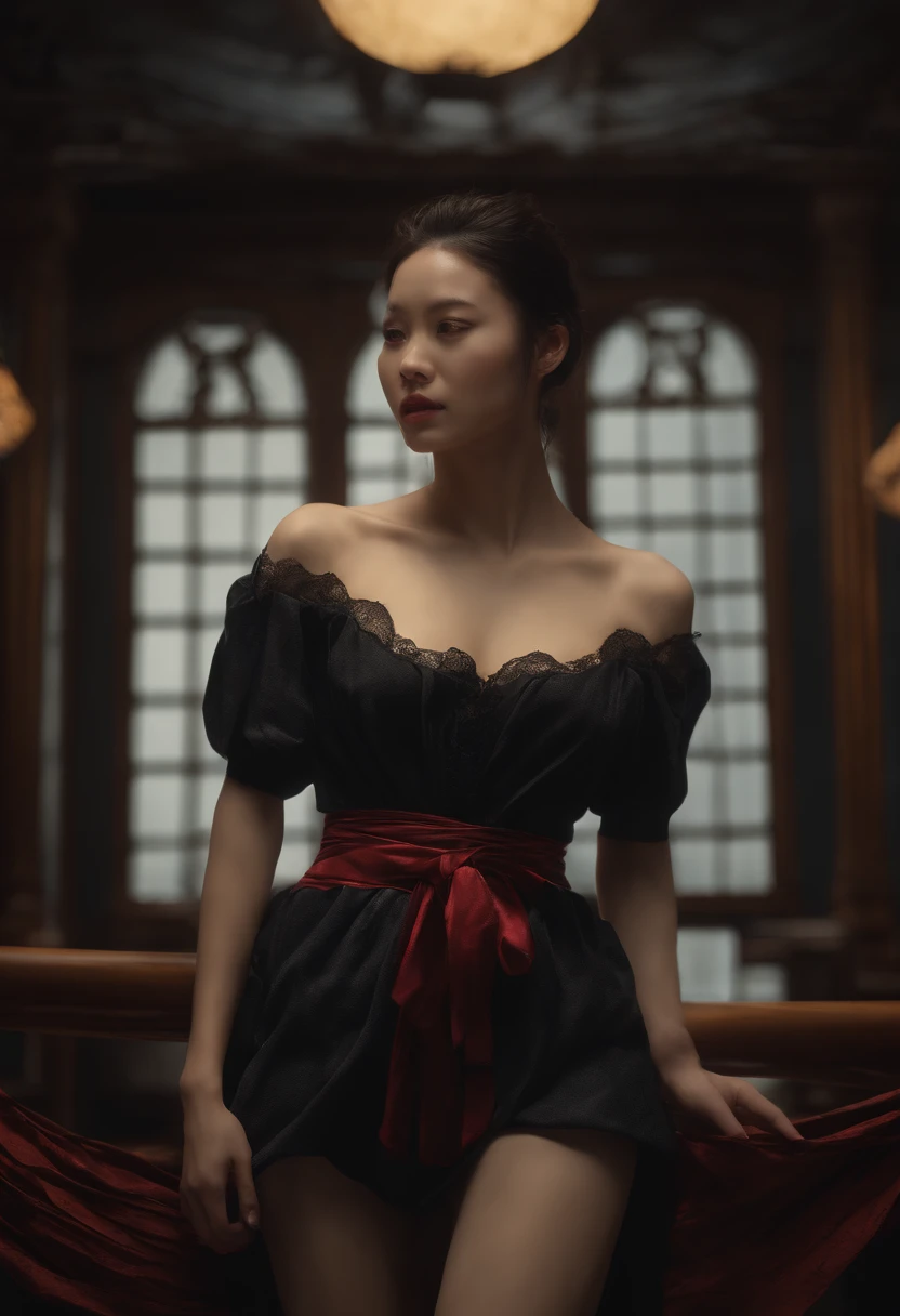 (intricate, octane render, highly detailed, 8k, hdr, uhd, high quality, professional, Unreal engine,Trending on artstation). 1 girl,((Kinbaku)),((scantily clad)),wide hips,arter belt,black lace,the style of adrian ghenie, esao andrews, jenny saville, edward hopper, surrealism, Magnificent atmosphere, sky, rich detail, high quality, magnificent background, netherworld, horror thriller, dark series, horror, thriller, western, dark,dark art by james jean, takato yamamoto, inkpunk minimalism