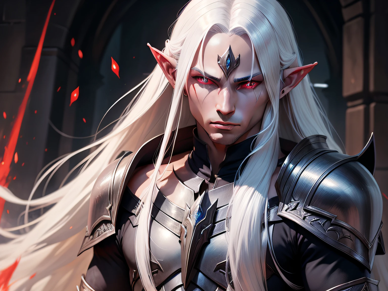 drow, male, male focus, pointy ears, red eyes, armor, elf, white hair, shoulder armor, upper body, closed mouth, long hair, pauldrons, colored skin, looking at viewer