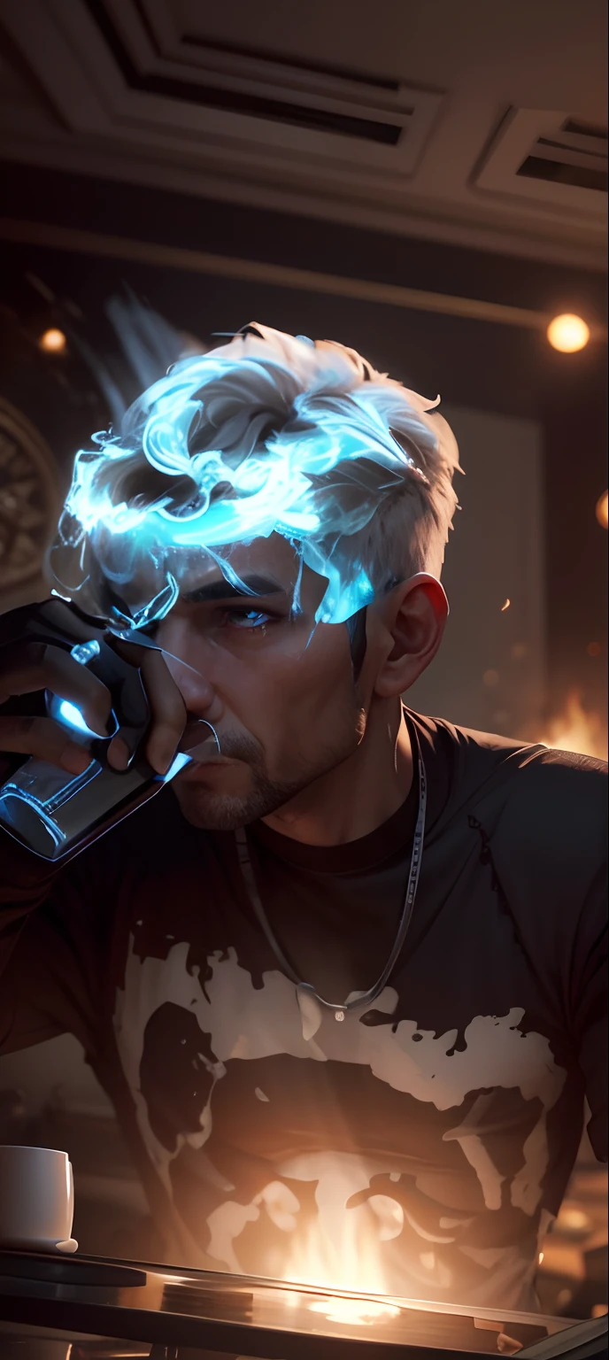He is drinking tea.  The background should be changed in a way that is not over.  ultra 4k.  Should be animated in a way that is not over. Should be the ultimate photo.