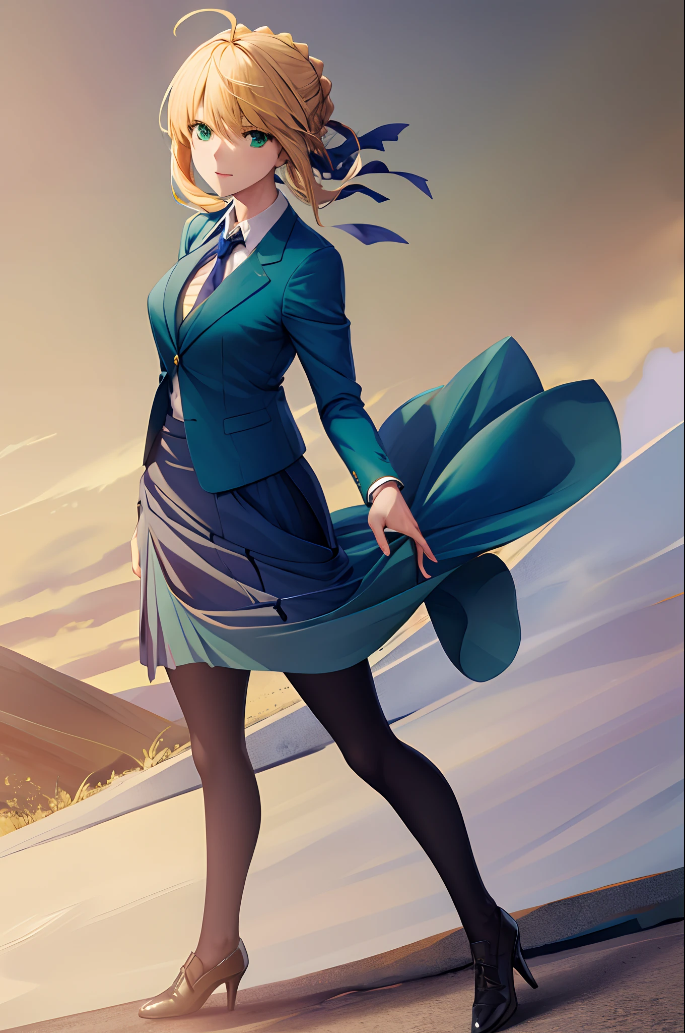 masterpiece, best quality, highres, aasaber, green eyes, ahoge, skirt suit, business suit, blazer, pencil skirt, high heels, standing, cowboy shot