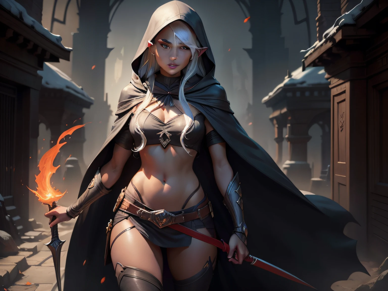 drow, female, pointy ears, solo, elf, navel, hood, colored skin, midriff, looking at viewer, long hair, cloak, dark elf, breasts, white hair, hood up, cape, medium breasts, hooded cloak, belt, pouch, red eyes, grey skin, orange eyes, upper body, weapon, glowing eyes, lips, ((masterpiece, best quality)), art by greg rutkowski, trending on artstation