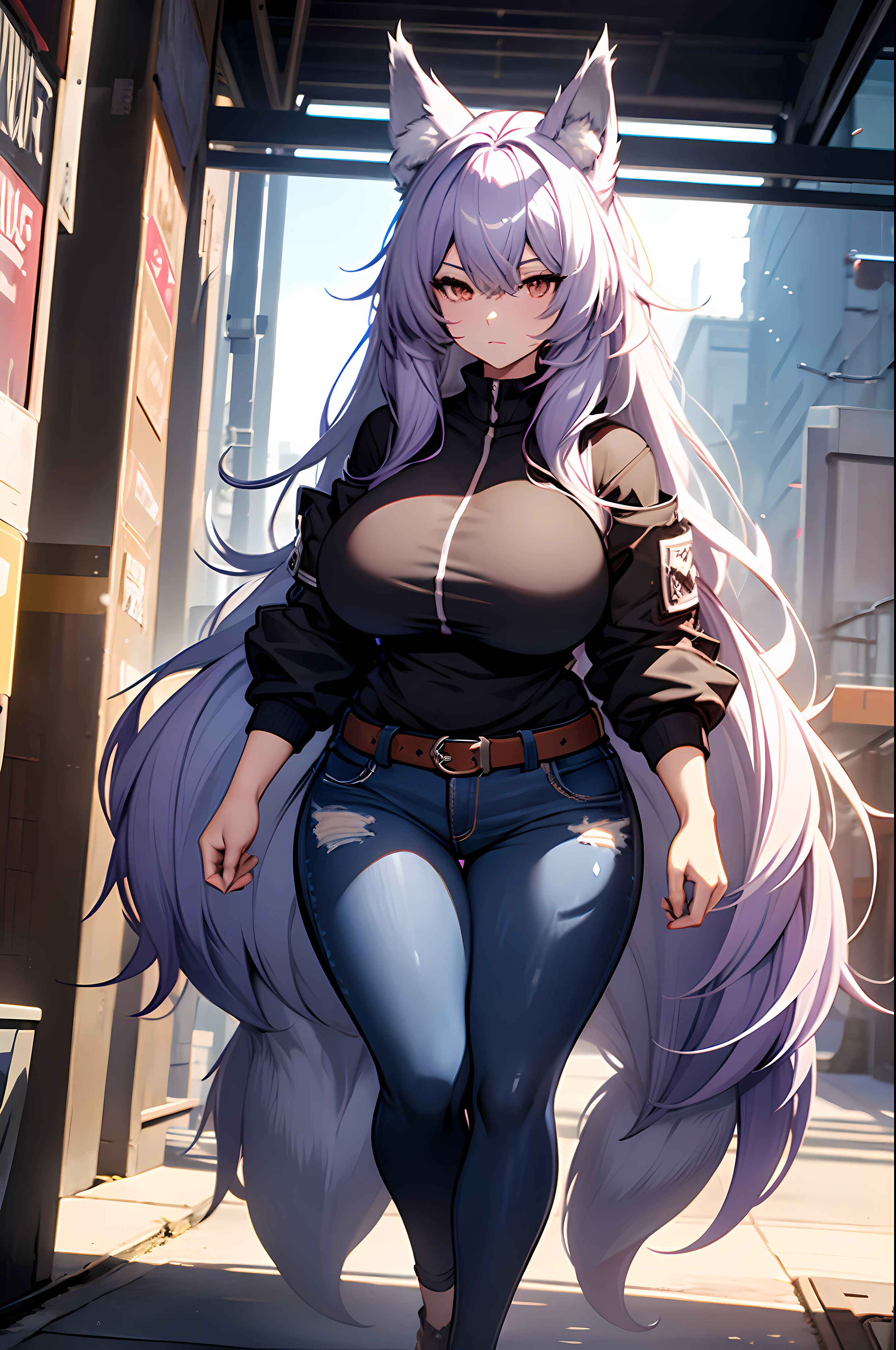 one woman, wolf girl, wolf ears, wolf tail, violet hair, strong, firm body, thick thighs, big breasts, muscular arms, casual clothes, sfw, sexy, full body, masterpiece, highly detailed, tall woman, shiny clothes,