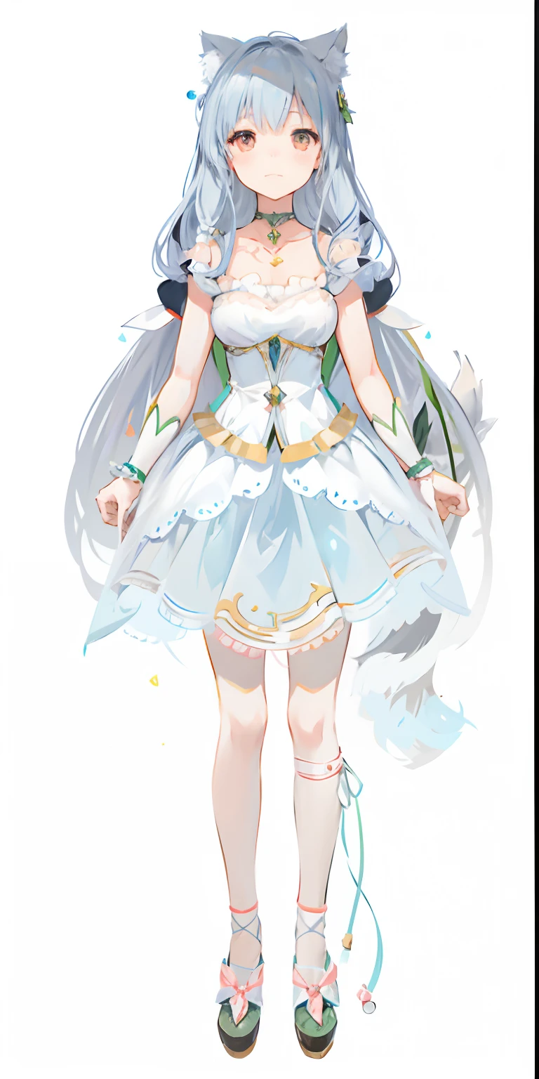 anime girl in a white dress with a cat ears and tail, art style of rune factory 5, cute anime waifu in a nice dress, full body adoptable, official character art, anime full body illustration, !!full body portrait!!, pretty anime character design, full portrait of elementalist, ( ( character concept art ) ), small curvy , lolidress, in castle background