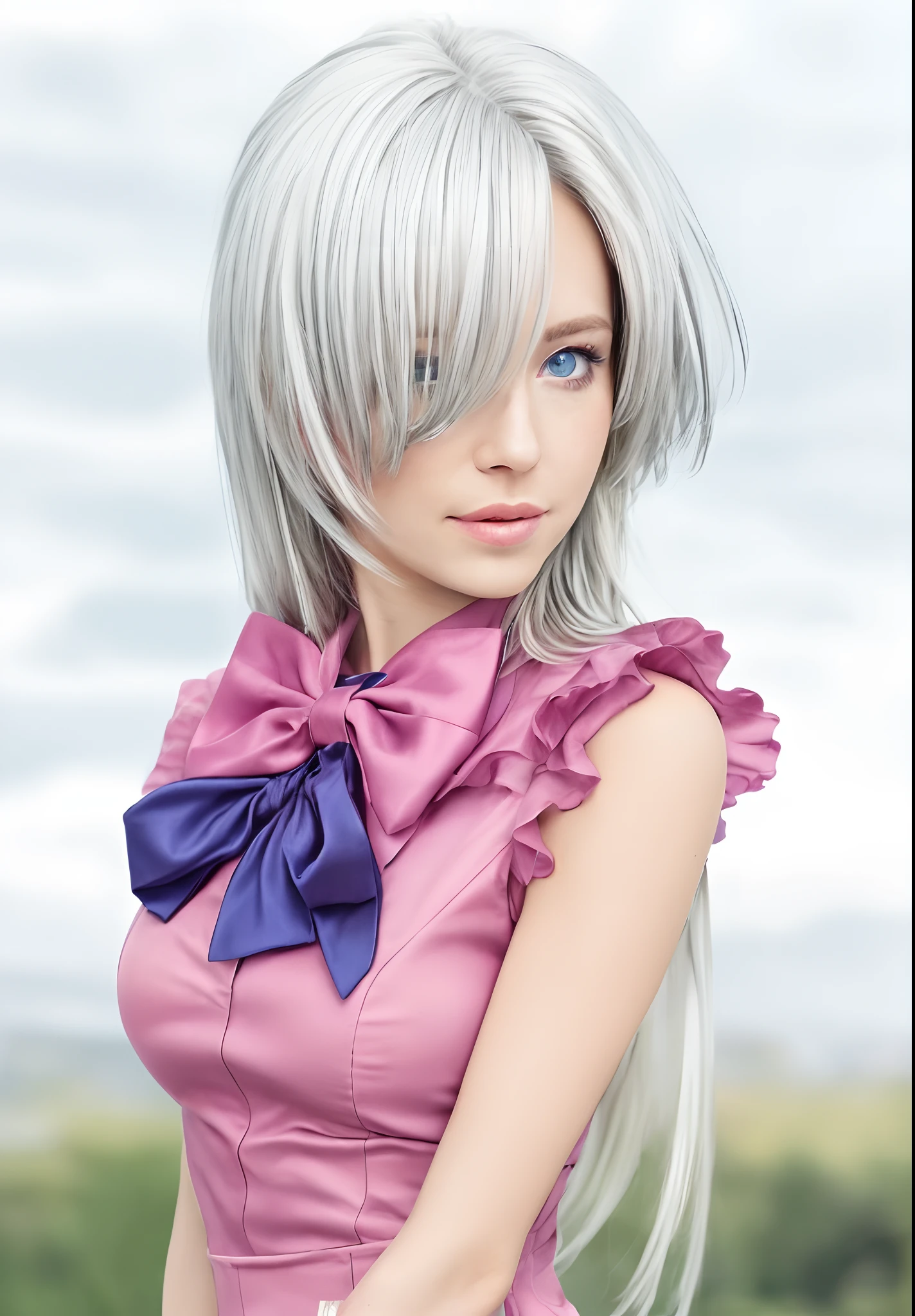 woman, fair skin, blue eyes, white hair, pink outfit with a blue bow, ultra realistic image