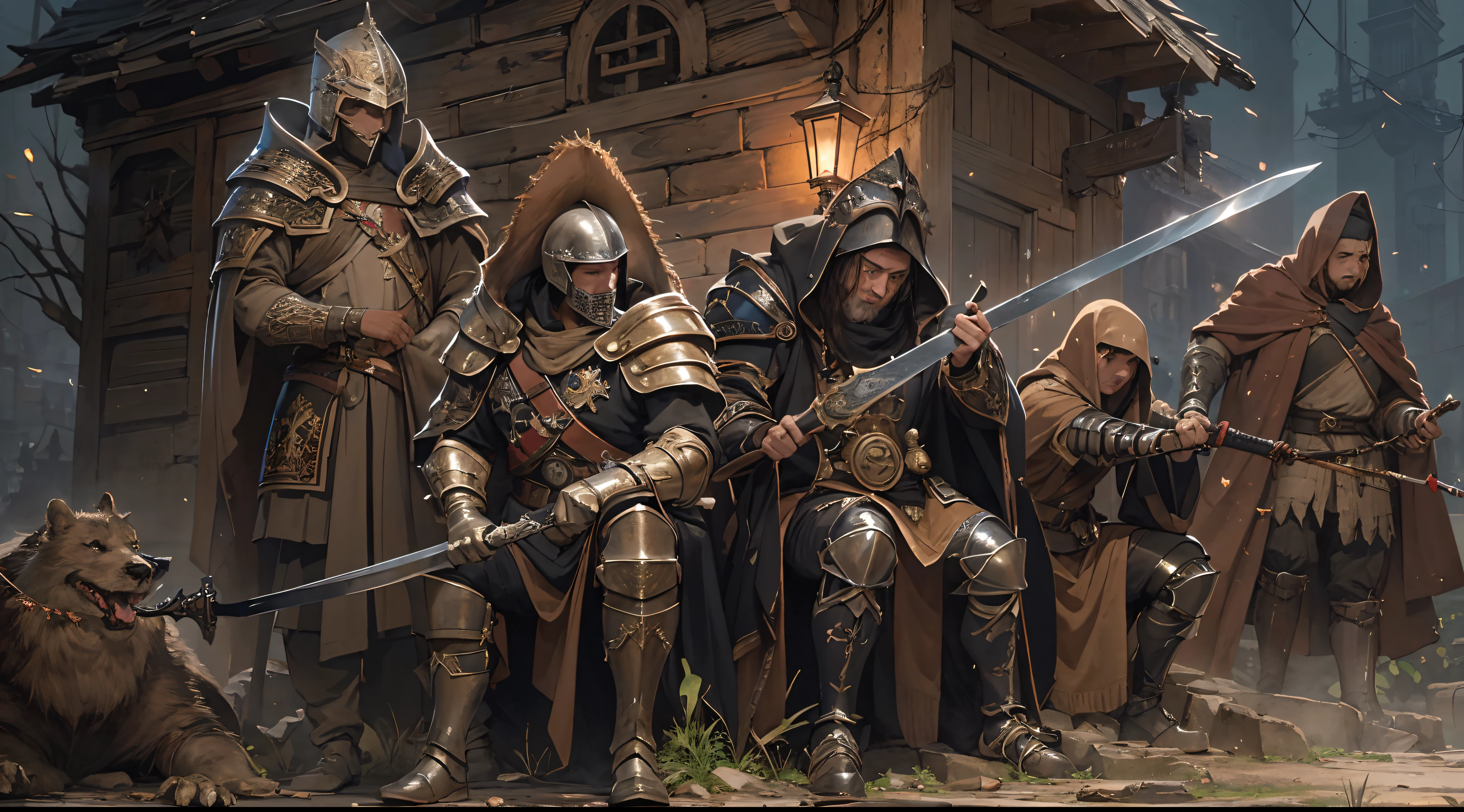 (by Greg Rutkowski: 1.2), (masterpiece), (best quality), extremely delicate and beautiful, illustration, Army, armor, siege,Chaplain , knights, Banner bears, sword and Shield, helmet, Necromancer, dark fantasy, skelets, Death, high detail, dark magic, From Brian Froud and Carne Griffiths and Wadim Kashin and John William Waterhouse, 8K post-production, high resolution, hiper detailed, depth of field, HDR, intricate