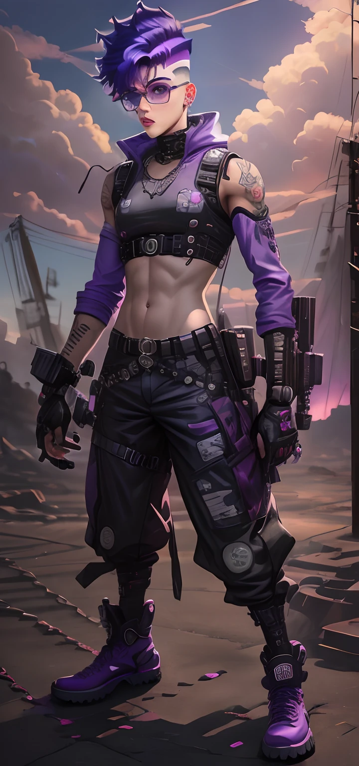 personagem anime de uma soldado feminina com uma arma e um desenho de uma mulher com rosto com queixo fino, nariz fino e olhos grandes, e um rosto oval meio redondo, Ela parece uma mistura de Grimes, parece uma mistura de grimes, assemelhando-se a uma mistura de grimes, parece uma mistura de grimes, 19 anos, androgynous person, piercings e um moicano, short purple hair with messy undercut, brincos enormes, Cords and queer makeup, acid pixie, Molly do romance Neuromancer