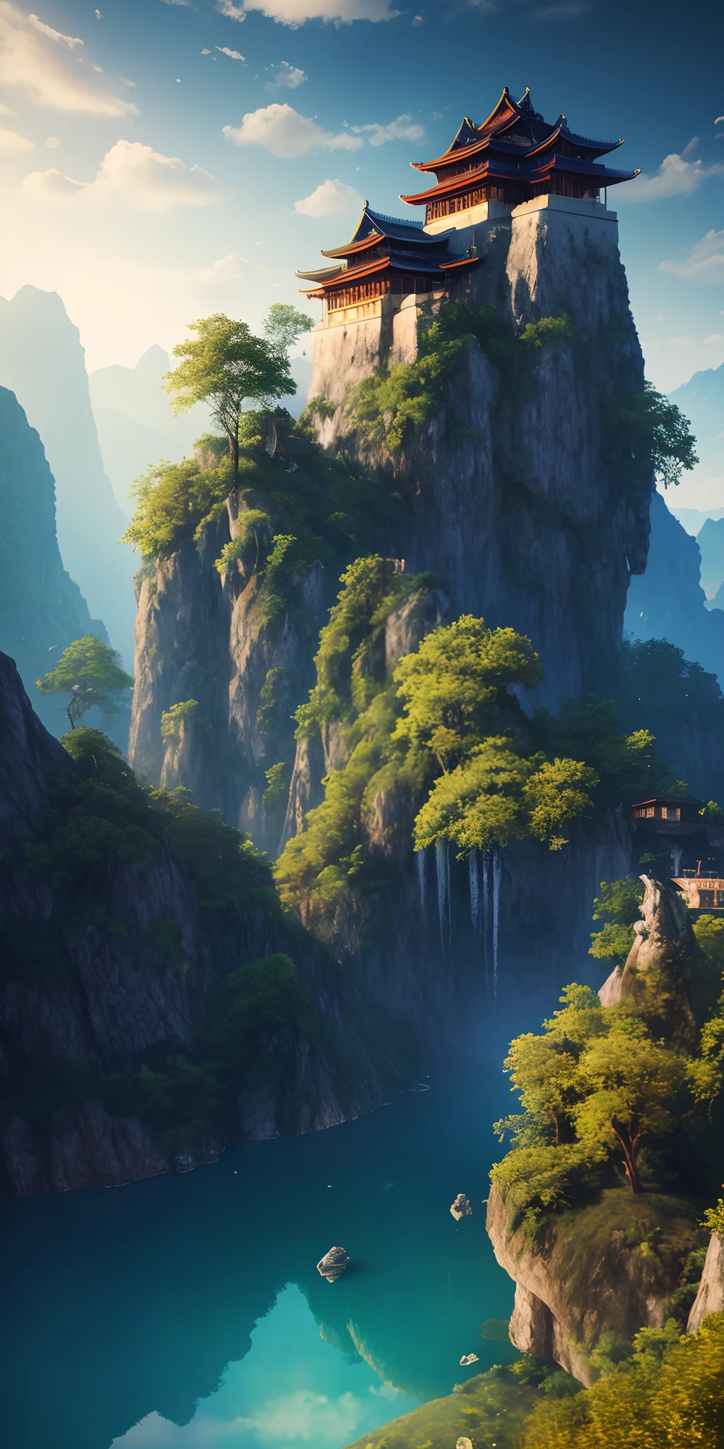 masterpiece, best quality, high quality, extremely detailed CG unity 8k wallpaper, outdoors, sky, cloud, night, no humans, mountain, A Chinese-style palace sits on the hillside, moonlight, cinemagraph, landscape, water, tree, dark sky, waterfall, cliff, nature, lake, river, cloudy sky,award winning photography, Bokeh, Depth of Field, HDR, bloom, Chromatic Aberration ,Photorealistic,extremely detailed, trending on artstation, trending on CGsociety, Intricate, High Detail, dramatic, art by midjourney