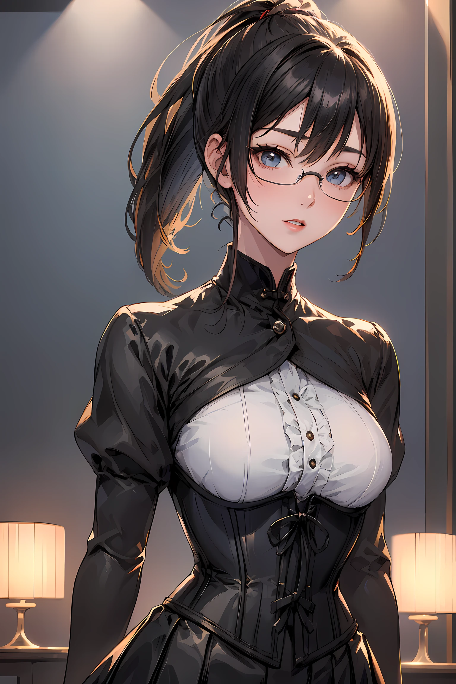 (1glasses girl:1.3, solo), (Audrey Hepburn:1.3), (a extremely pretty and beautiful Japanese woman), (sexy girl), (professional attire:1.3), (22 years old: 1.1), (from below:1.3), (low angle:1.3), (ground level shot:1.3), (girl on top:1.3), (arms behind back between legs:1.3), (attractive random posing:1.3), (in the queen's room:1.3), (look down:1.3), (starring at you:1.3), (front view:1.3), break, (ponytail:1.3), (shiny-black thin hair:1.2), bangs, dark brown eyes, beautiful eyes, princess eyes, (big eyes:1.3), bangs, wearing a glasses:1.3, Hair between eyes, short hair:1.3, (slender:1.1), (small-medium-breasts:0.95), (thin waist: 1.15), (detailed beautiful girl: 1.4), Parted lips, Red lips, full-make-up face, (shiny skin), ((Perfect Female Body)), (upper body image:1.3), Perfect Anatomy, Perfect Proportions, (most beautiful Korean actress face:1.3, extremely cute and beautiful Japanese actress face:1.3), BREAK, (View viewer, wearing a embroidery frills sexy teacher uniform, (insanely detailed classical gothic teacher outfit:1.3), (white collared blouse:1.3, long-sleeve:1.3), (corset:1.3), (black high-waist-jumper-skirt:1.3), (lace frill skirt), detailed clothes, BREAK, (detailed classy queen's room background:1.2), (dark background), (Studio soft lighting: 1.3), (fake lights: 1.3), (backlight: 1.3), BREAK, (Realistic, Photorealistic: 1.37), (Masterpiece, Best Quality: 1.2), (Ultra High Resolution: 1.2), (RAW Photo: 1.2), (Sharp Focus: 1.3), (Face Focus: 1.2), (Ultra Detailed CG Unified 8k Wallpaper: 1.2), (Beautiful Skin: 1.2), (pale Skin: 1.3), (Hyper Sharp Focus: 1.5), (Ultra Sharp Focus: 1.5), (Beautiful pretty face: 1.3), (super detailed background, detail background: 1.3), Ultra Realistic Photo, Hyper Sharp Image, Hyper Detail Image,