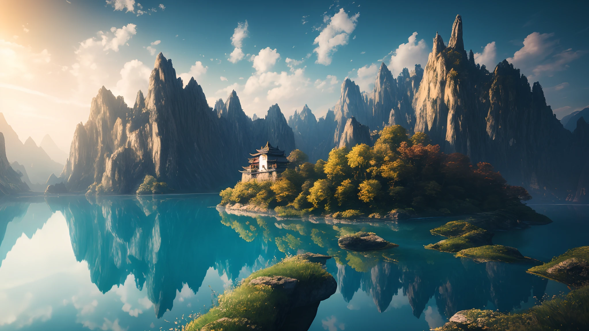 masterpiece, best quality, high quality, extremely detailed CG unity 8k wallpaper, outdoors, sky, cloud, night, no humans, mountain, A Chinese-style palace sits on the hillside, moonlight, cinemagraph, landscape, water, tree, dark sky, waterfall, cliff, nature, lake, river, cloudy sky,award winning photography, Bokeh, Depth of Field, HDR, bloom, Chromatic Aberration ,Photorealistic,extremely detailed, trending on artstation, trending on CGsociety, Intricate, High Detail, dramatic, art by midjourney