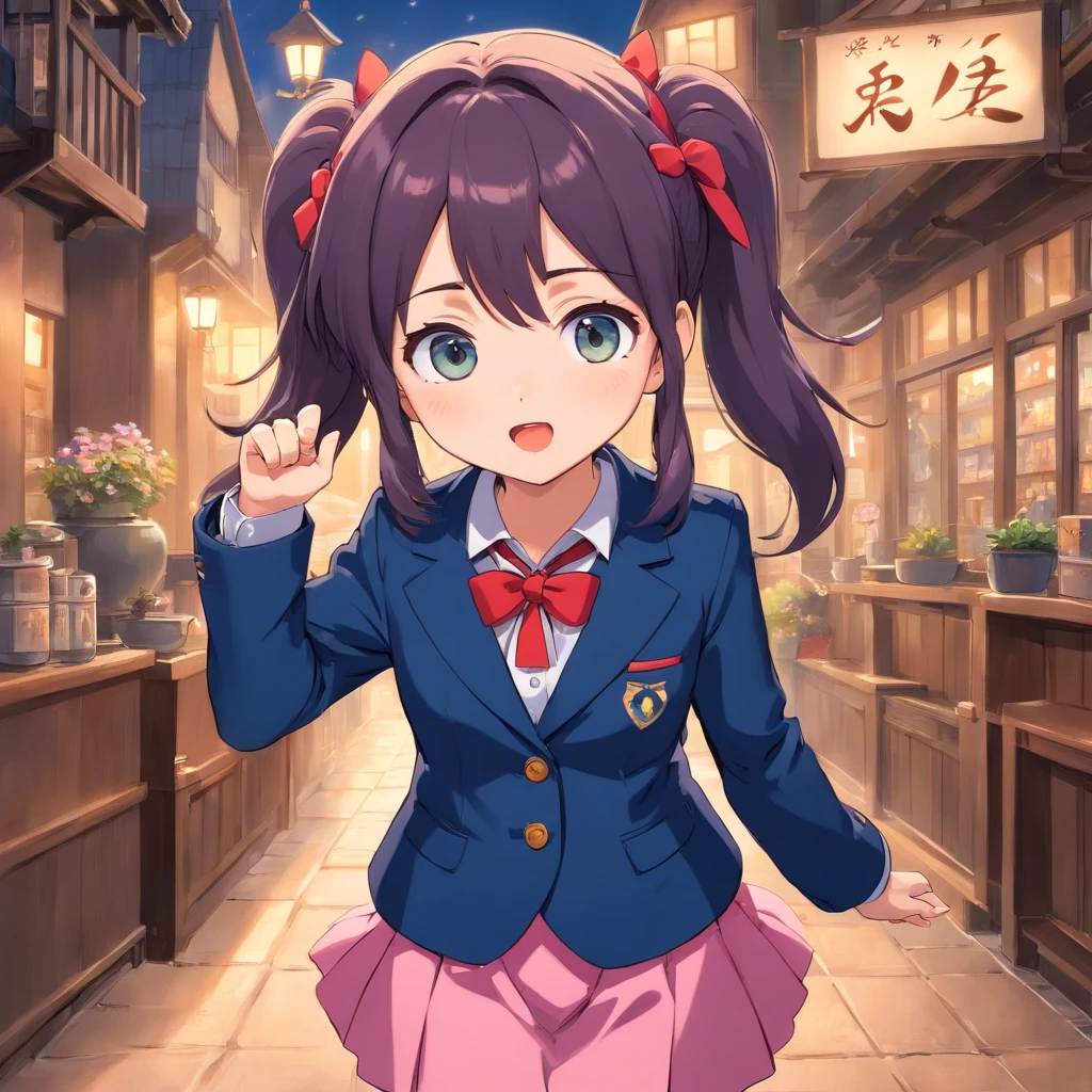 Very cute chibi anime girl, Mini Characters、Solo, Simple background, Beautiful twin tails 、 Pretty girl、Cute Chibi、 Dark blue blazer, Pink skirt、High School Uniform, Full body ,I'm insanely surprised、 I was very surprised.、Highly detailed face and eyes, The contours are clear、I put my hand on my cheek and was surprised.（Oh My Gar）