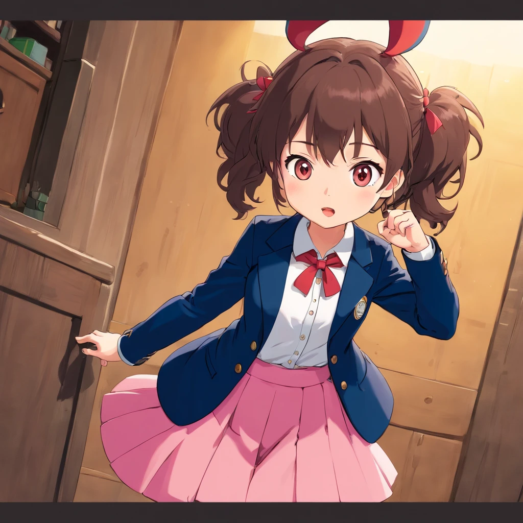 Very cute chibi anime girl, Mini Characters、Solo, Simple background, Beautiful twin tails 、 Pretty girl、Cute Chibi、 Dark blue blazer, Pink skirt、High School Uniform, Full body ,I'm insanely surprised、 I was very surprised.、Highly detailed face and eyes, The contours are clear、I put my hand on my cheek and was surprised.(Oh My Gar)