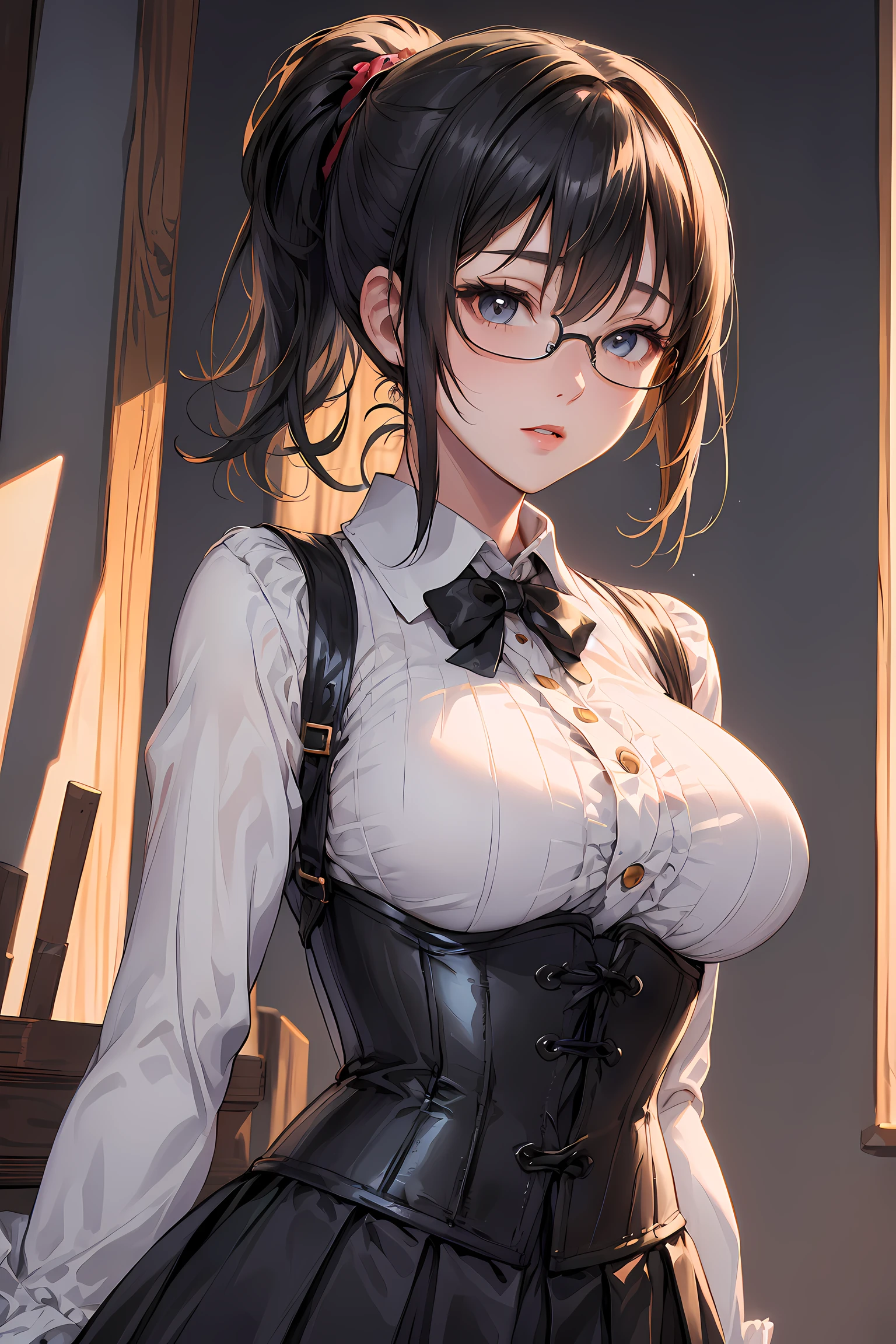 ((masterpiece)), ((best quality)), (ultra-detailed), ((kawaii)), cute, (lovely), ((sexy)), (ero), ((extremely detailed)), 4K, (8K), best quality, (beautiful), 

in the classroom, Squatting,

1girl, beautiful blue eyes, beautiful black twintail hair, glasses,

maid costume,  frills, garter belt, high-heeled shoes, ((White panties, cameltoe)),

buttocks, large breast, sweaty, wet body, navel out, thighs out, slim, slender,  ribon, ashamed, blush, translucent body, Transparent, shiny-glistening, gleaming,